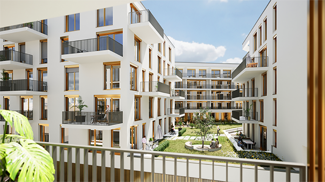 Zu sehen in der Visualisierung ist das Projekt CITY CARRÉ mit Blick von einem Balkon aus auf den Hof und die anderen Gebäude des Projekts.
