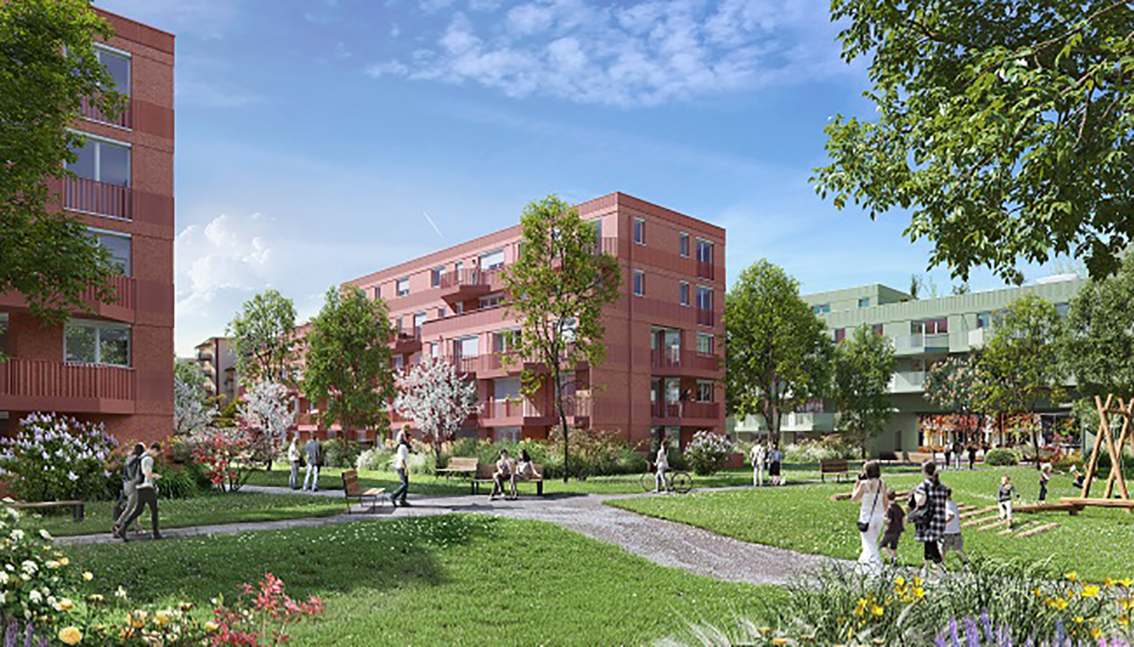 The visualisation of the Hofmark am Olympiapark quarter, shows 2 buildings and a courtyard with a playground.