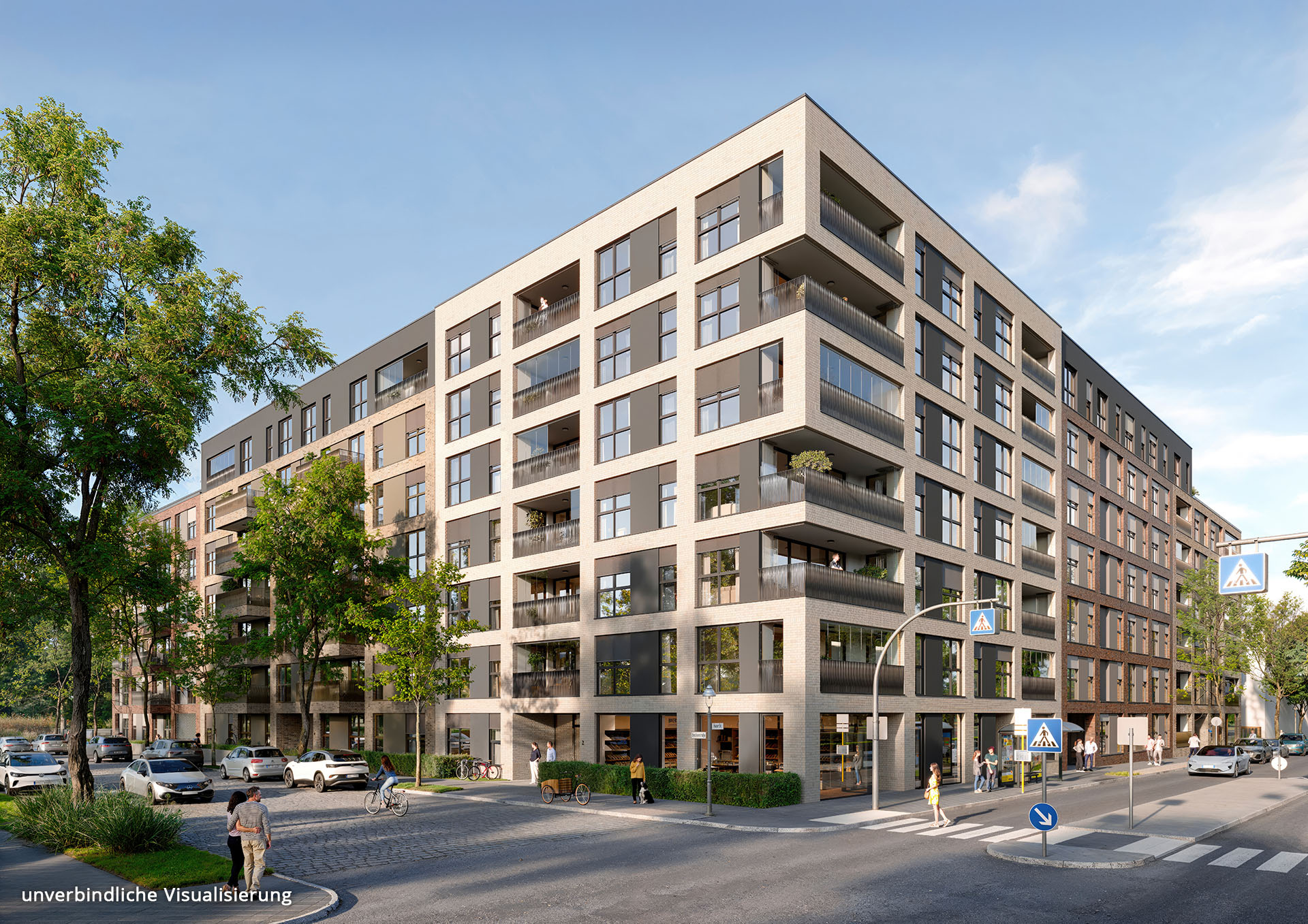 Visualisation of the Set44 new construction project in Berlin, with a view of the corner building from the intersection.