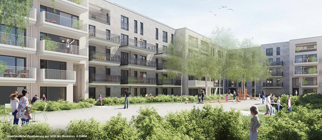 You can see a housing estate consisting of several houses, a playground and an outdoor area with various people, including children