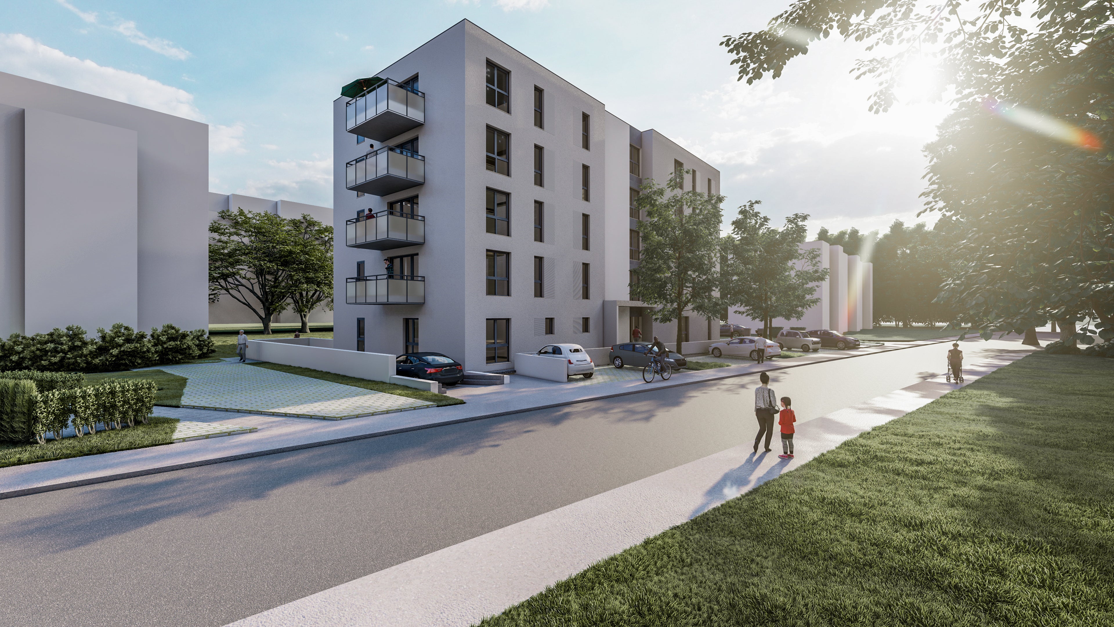 Zu sehen ist eine Visualisierung des Projekts Weitmarer Straße 113c und d in Bochum mit Ansicht von der Straße auf die Gebäude mit Autos, Balkone und Fenstern.