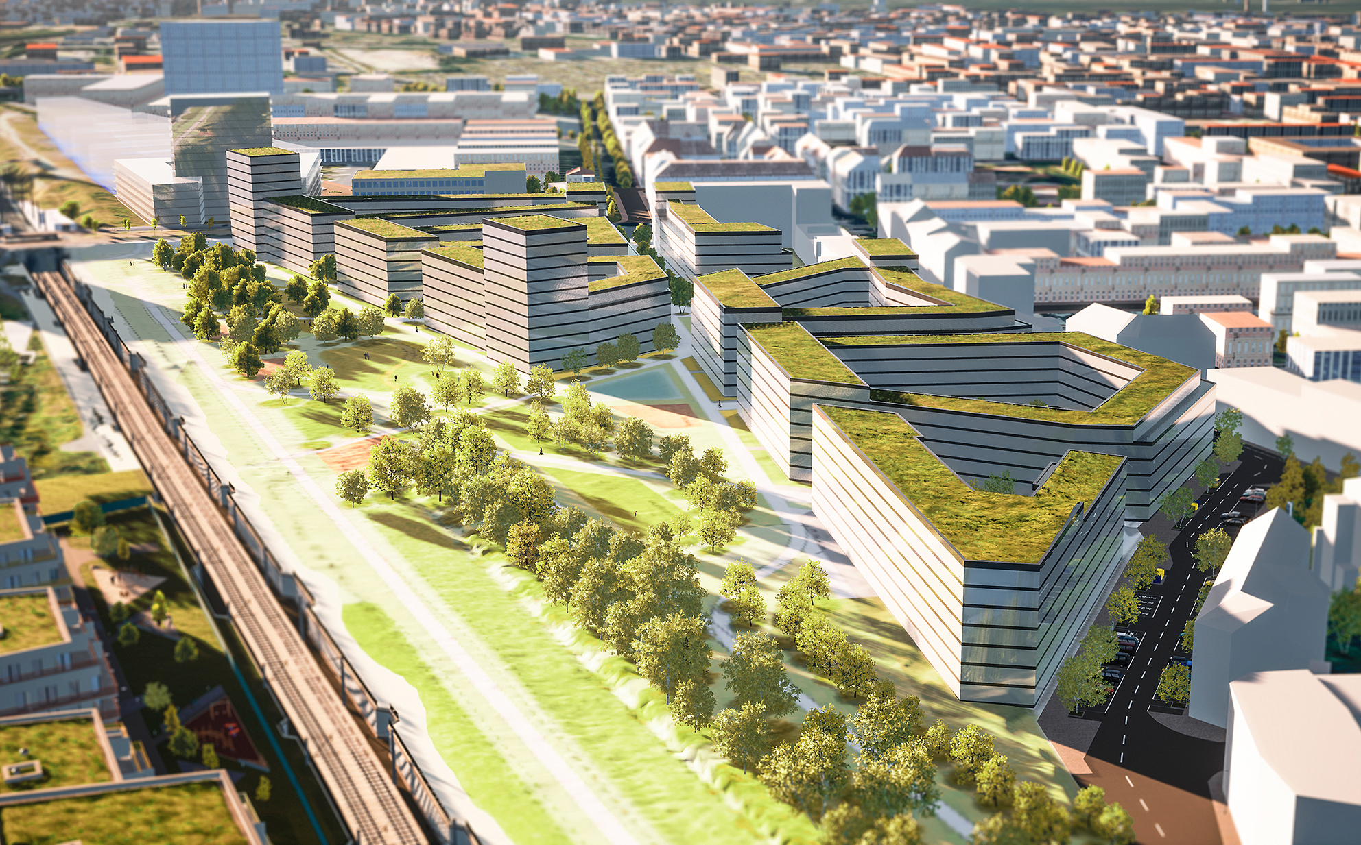This is a visualization of the Lössliger Straße district with seven new residential units in the middle, lots of trees, a large green area and a street with cars on the right.