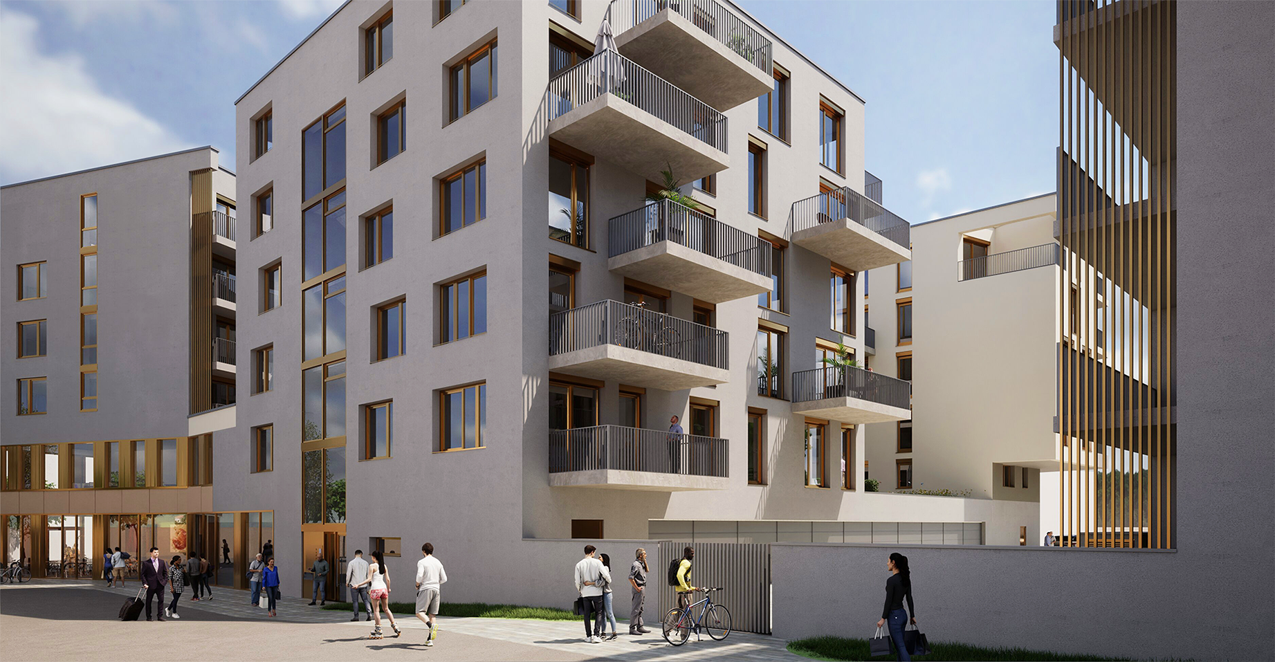 Zu sehen in der Visualisierung ist das Projekt CITY CARRÉ mit Blick von der Straße auf das Gebäude und auf die Balkone mit Personen auf der Straße.