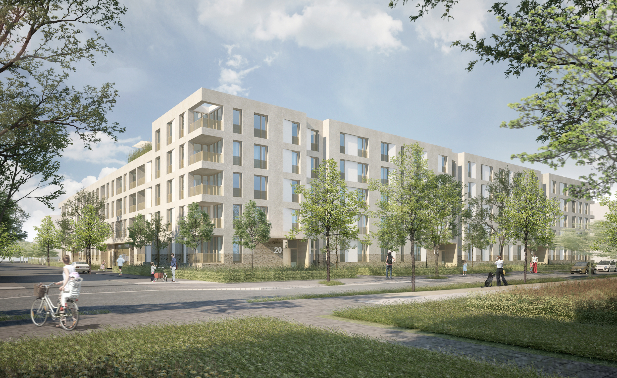 Visualization of the Lohfeldsiedlung Karlsruhe project with a view of the houses in the project from the street
