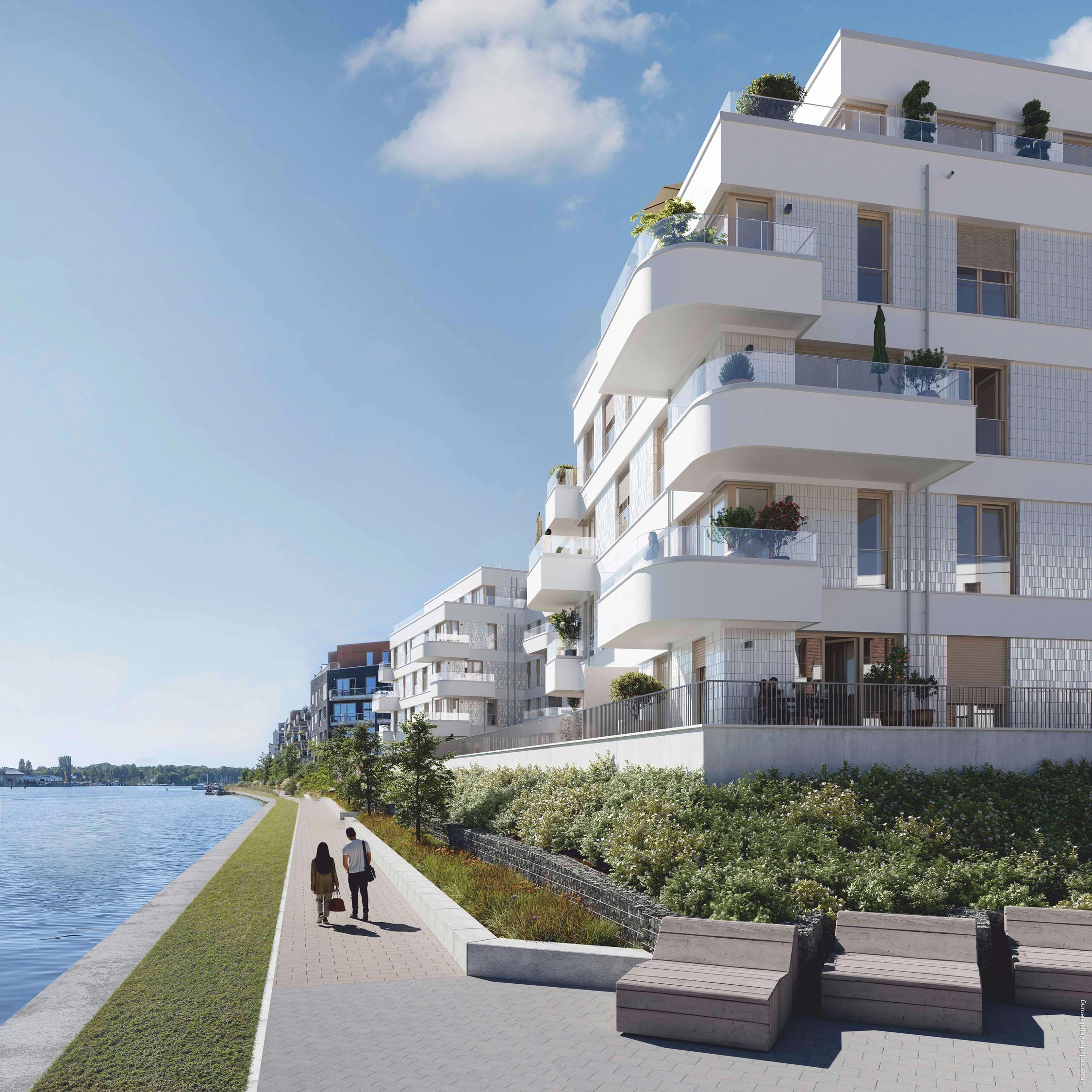 Visualisierung des Neubauprojekts BUWOG Dahmeglanz in Berlin mit Blick auf die Uferpromenade