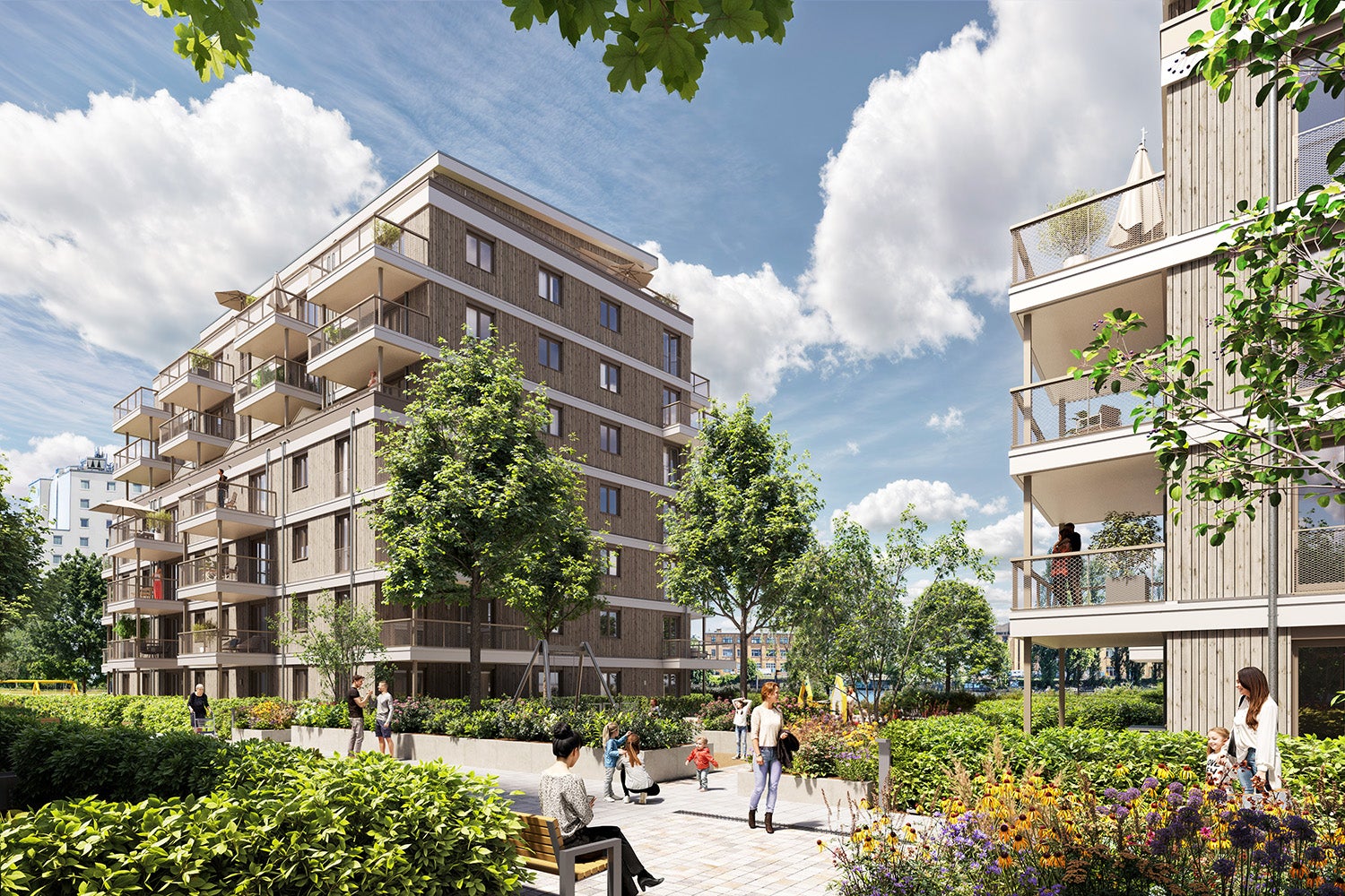 Visualisierung des Neubauprojekts BUWOG Spreewinkel mit Blick in den begrünten Innenhof