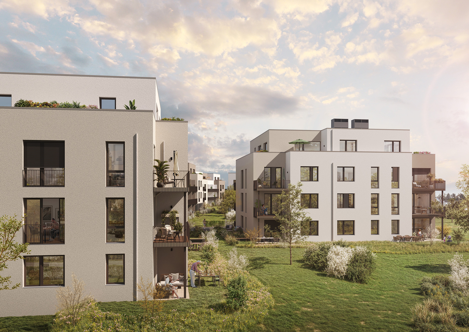 Visualisierung des Neubauprojekts BUWOG Floragärten mit Blick in den begrünten Hofbereich