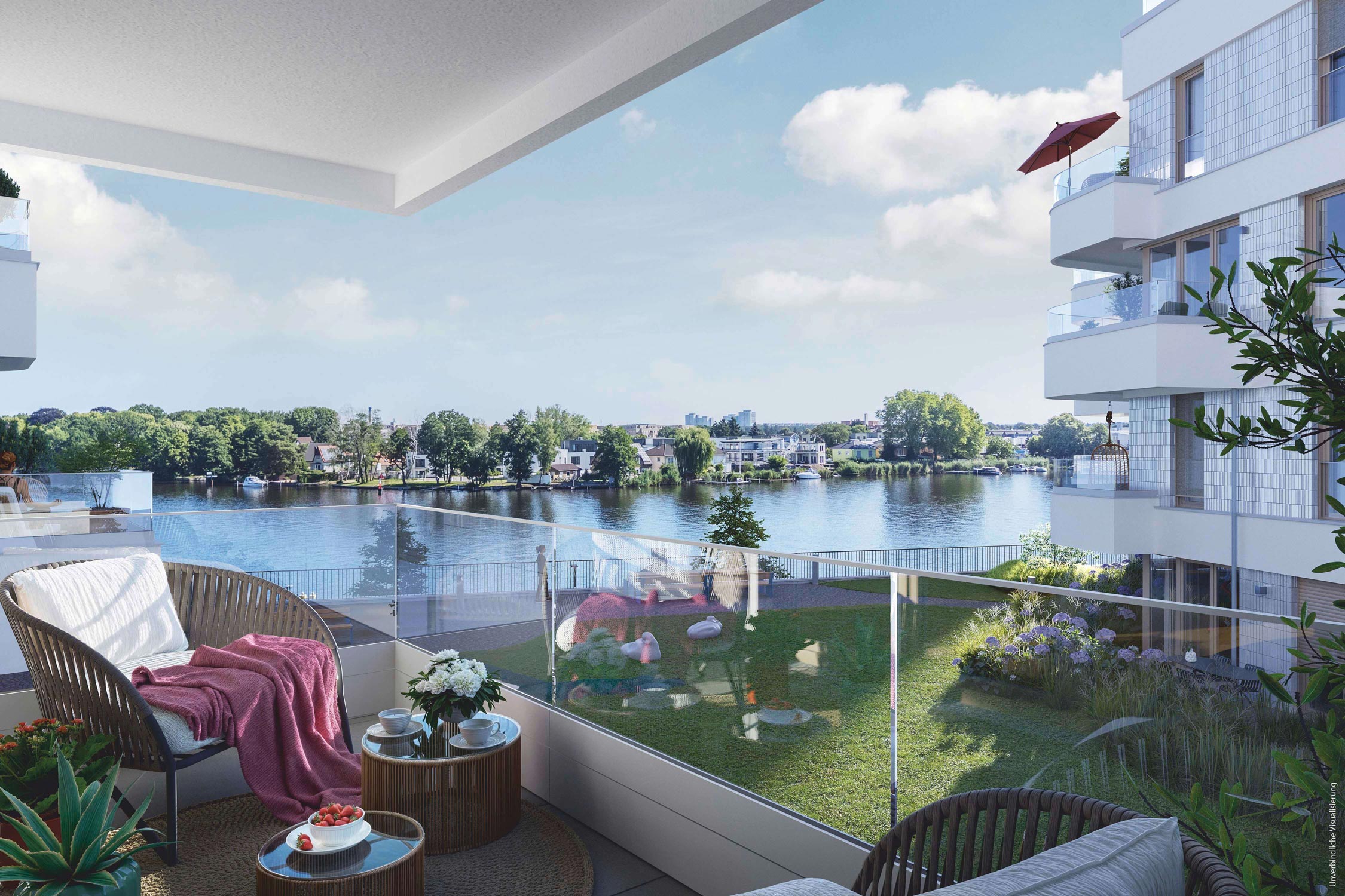 Visualisierung des Neubauprojekts BUWOG Dahmeglanz in Berlin mit Blick auf den Fluß Dahme