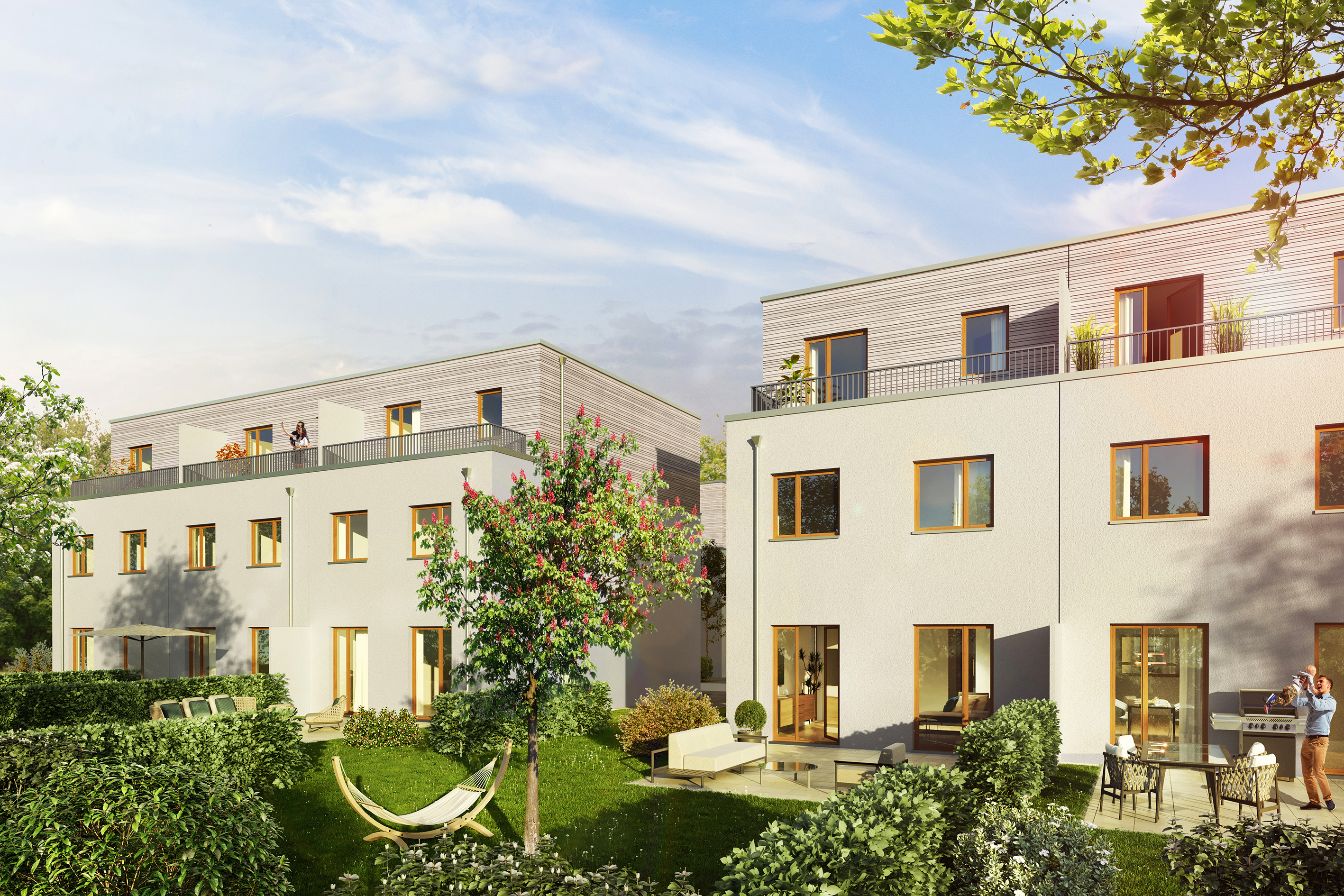 Visualization of the new building project Münsterberger Weg with a view of the private gardens of the first floor apartments