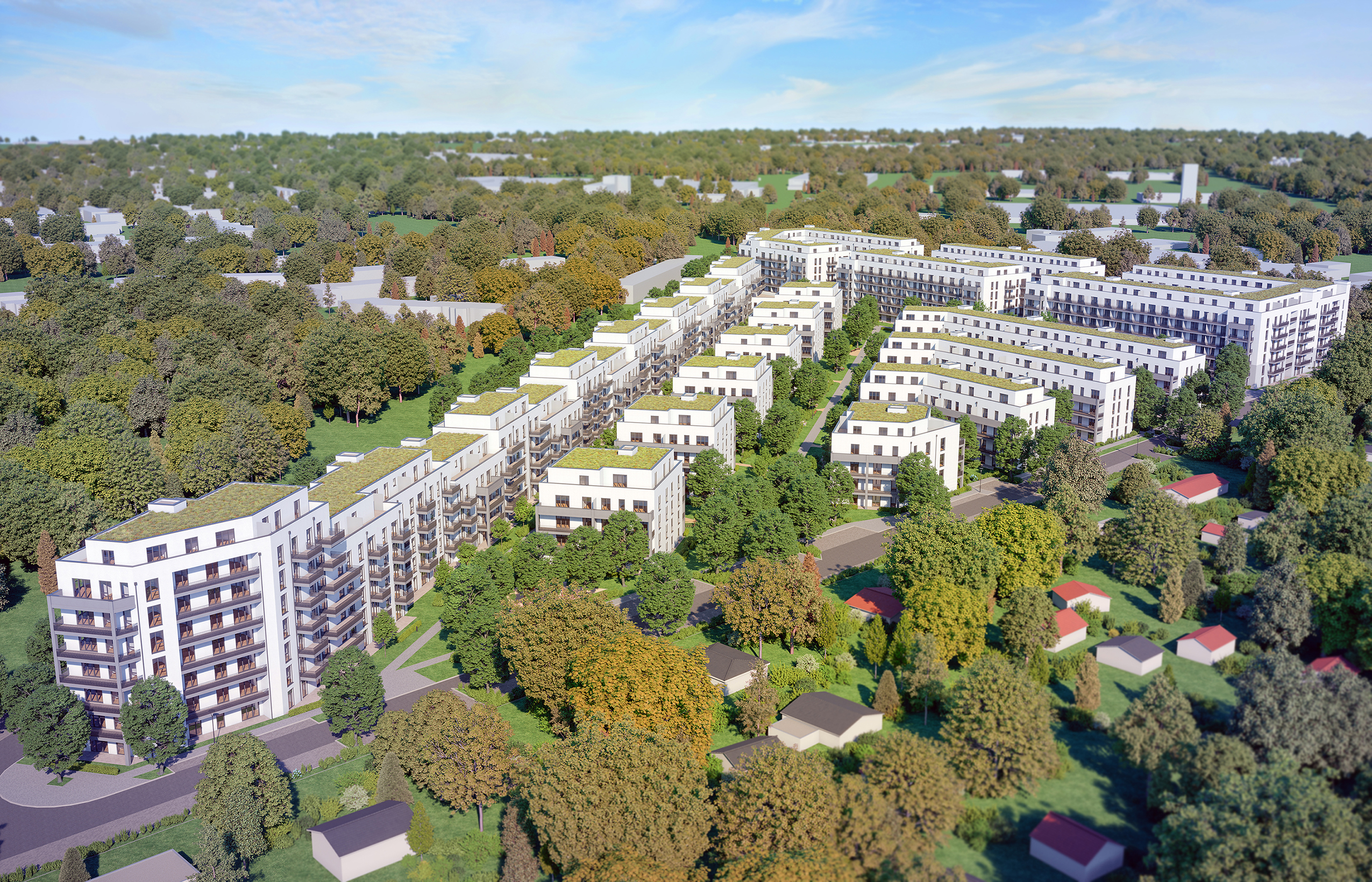 A visualization from a bird's eye view of the HALSKE SONNENGÄRTEN quarter in Berlin-Spandau