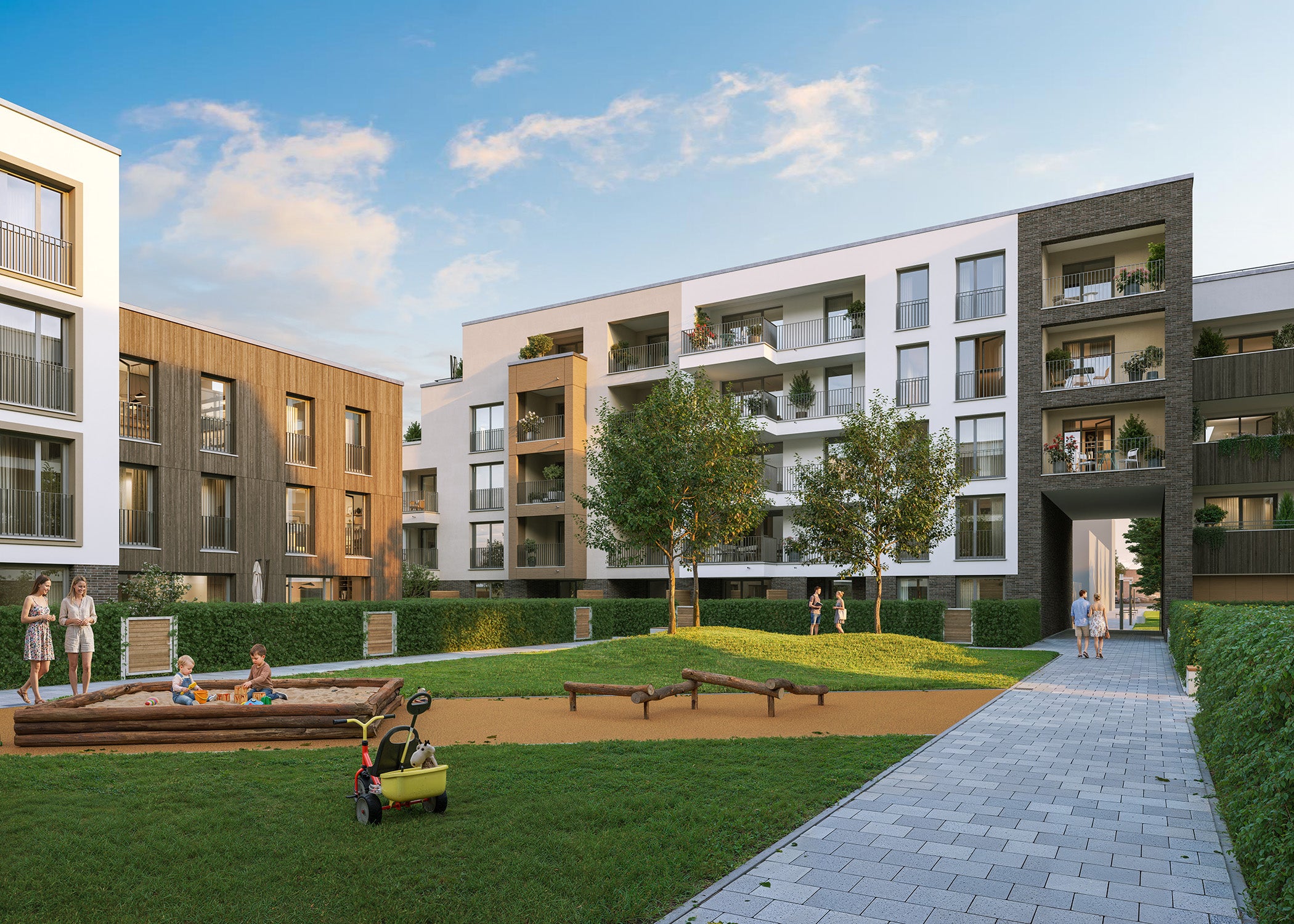 Visualisierung des Neubauptrojekts Martinshöfe in Weingarten mit Blick in den begrünten Innenhof mit Spielplatz