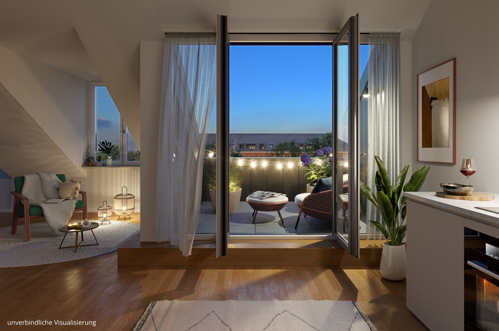 Zu sehen ist ein Zimmer mit einem Sideboard und einer Leseecke, mit Blick auf den Balkon.