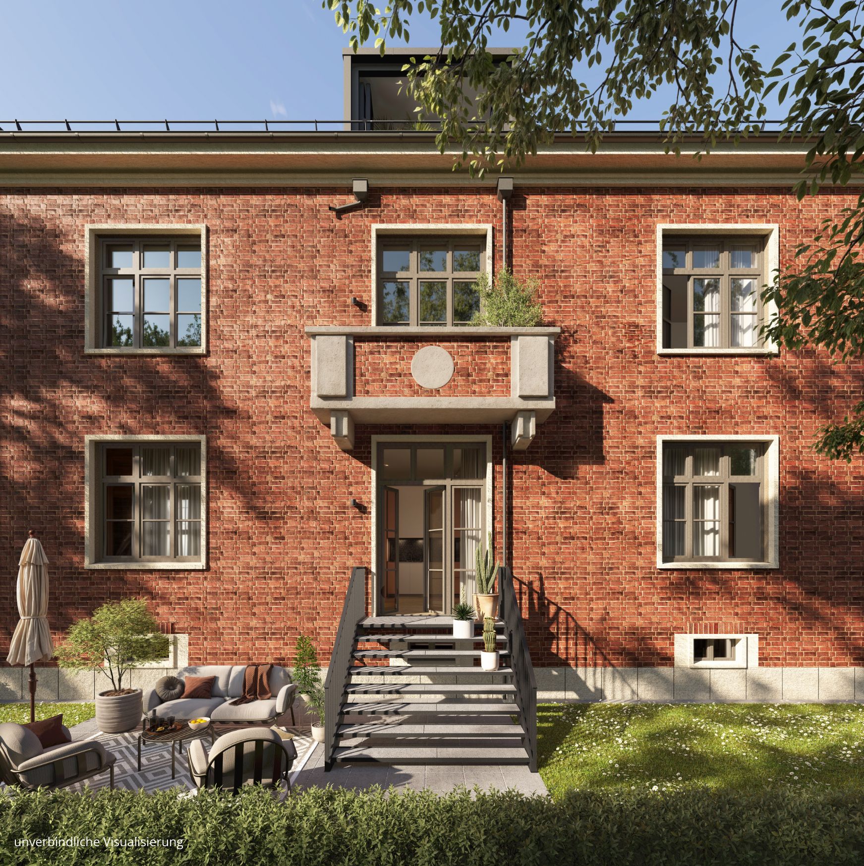 Zu sehen ist ein Hauseingang eines braunen Gebäudes des Projekts BUWOG ALVA mit Treppenstufen und Fenstern.