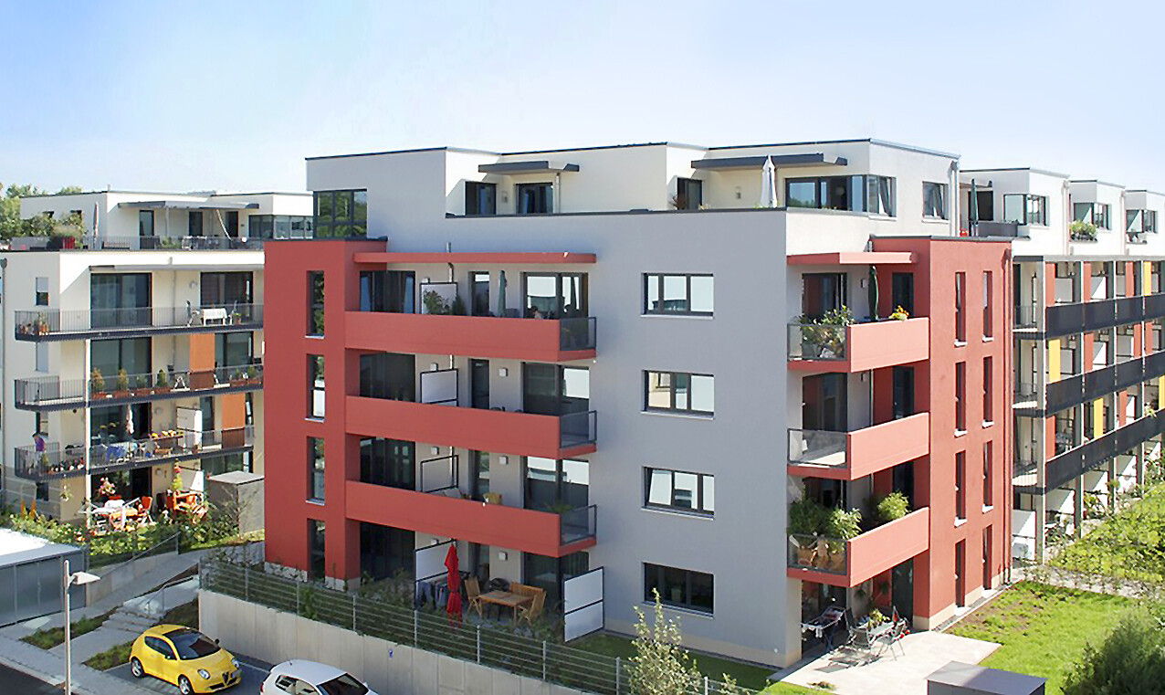 With bird's eye view of the house and the street of the BUWOG new building project coloneo in the Rhein-Main area