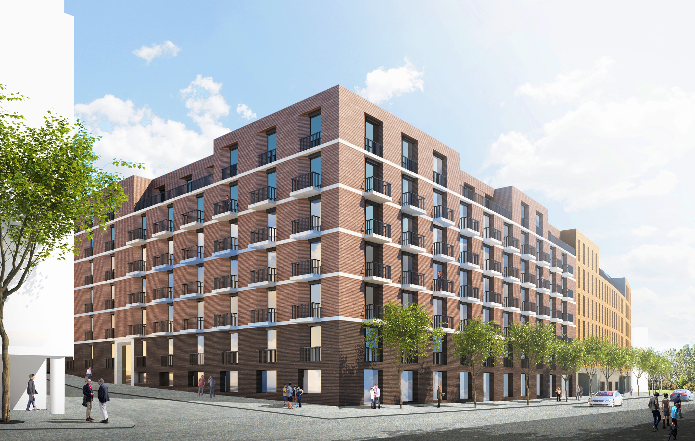 A visualisation of a brown building in the Rosenstein Mitte quarter with a view from the street of car parks, people and green spaces, as well as balconies and the façade of the building. On the right is a beige-coloured house in the quarter.