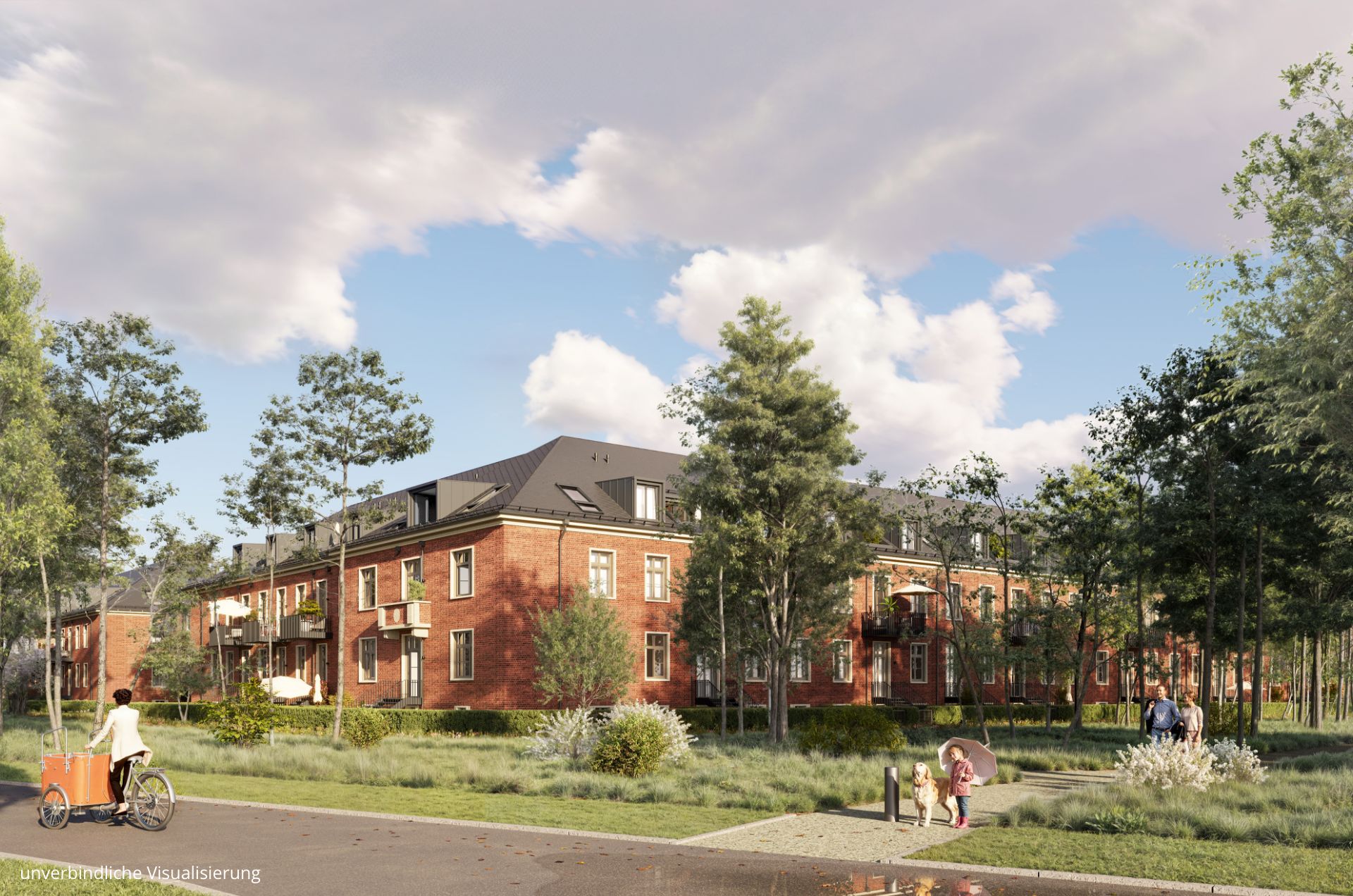 Zu sehen ist eine Straße mit Menschen und Begrünung. Im Hintergrund ist ein braunes Gebäude des Projekts BUWOG ALVA.