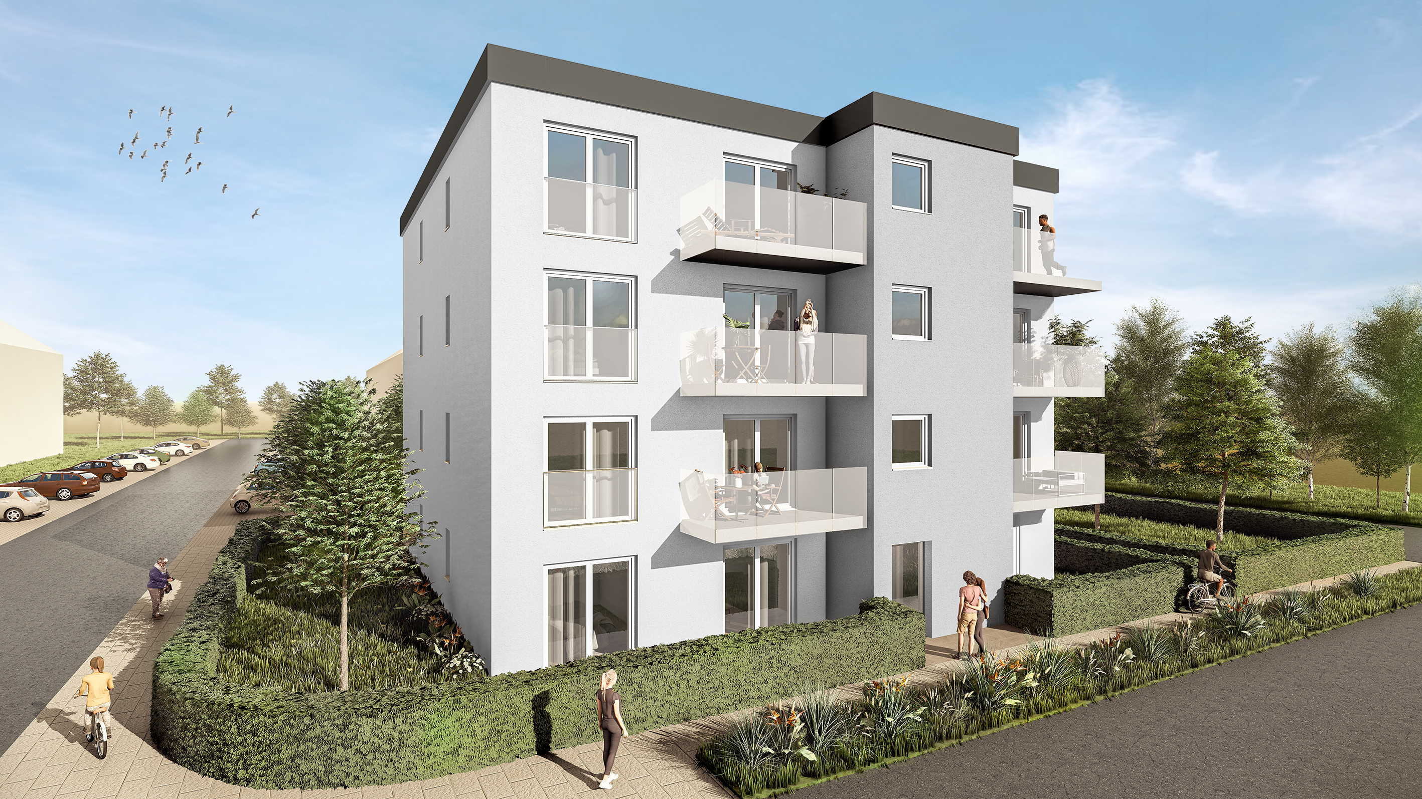 You can see a white corner house with balconies and green spaces at a crossroads.