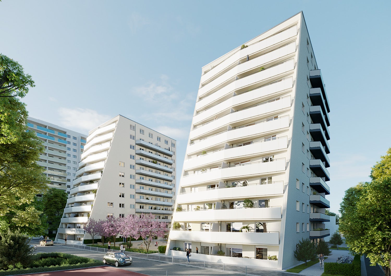 Zu sehen ist eine Visualisierung des Projekts in der Ludwigsluster Straße 100, wie die Gebäude nach Fertigstellungen aussehen werden. Die Frontfassade wird nach oben schräger und das Haus dadurch schmaler.