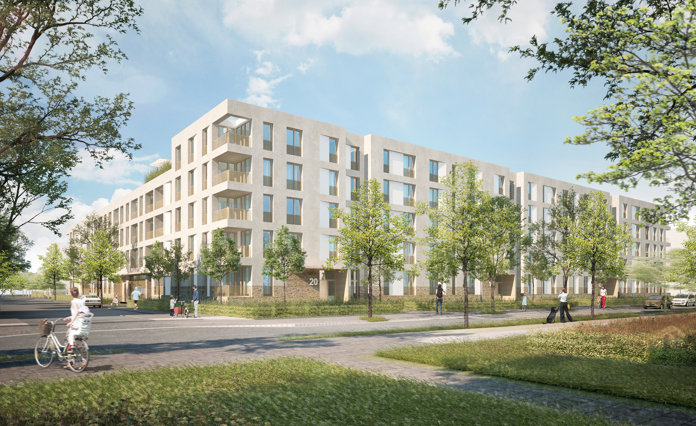 Visualization of a BUWOG project in Karlsruhe with a view of the houses in the project from the street