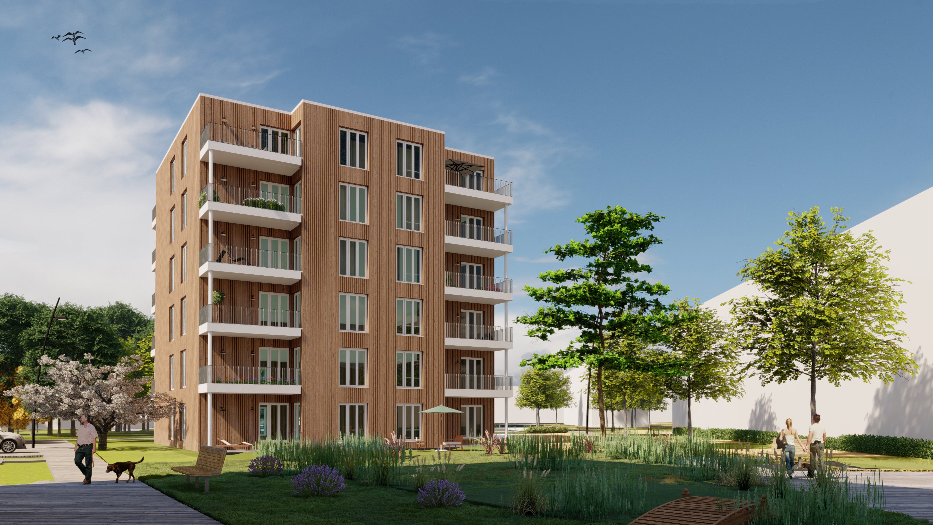 Visualisierung des Projekts Insterburgerstraße in Dortmund. Mit Blick von der Straße auf die Gebäude des Projekts.