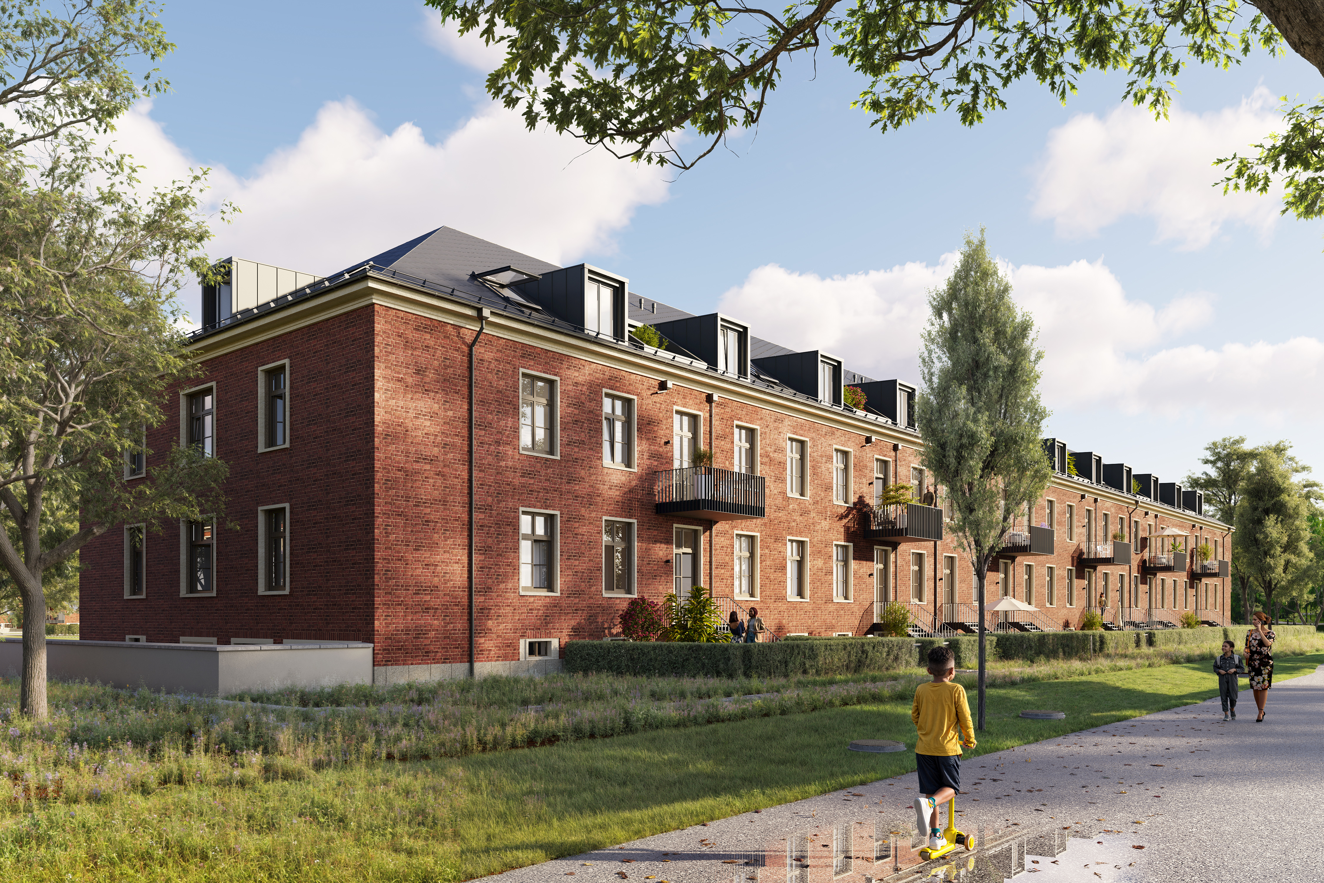 You can see a brown house from the BUWOG Lillestad project with people on a pavement.