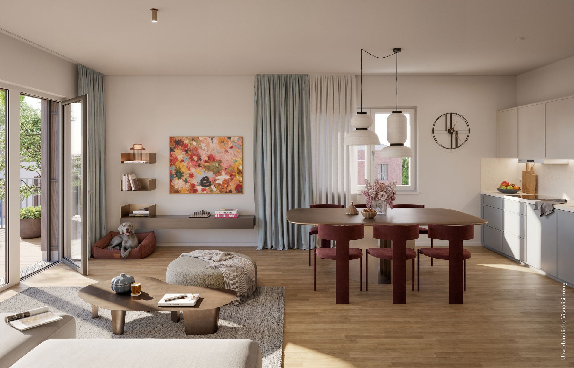 Visualisierung des Neubauprojekts BUWOG ARBOR in Berlin-Köpenick mit Blick in ein Wohnzimmer