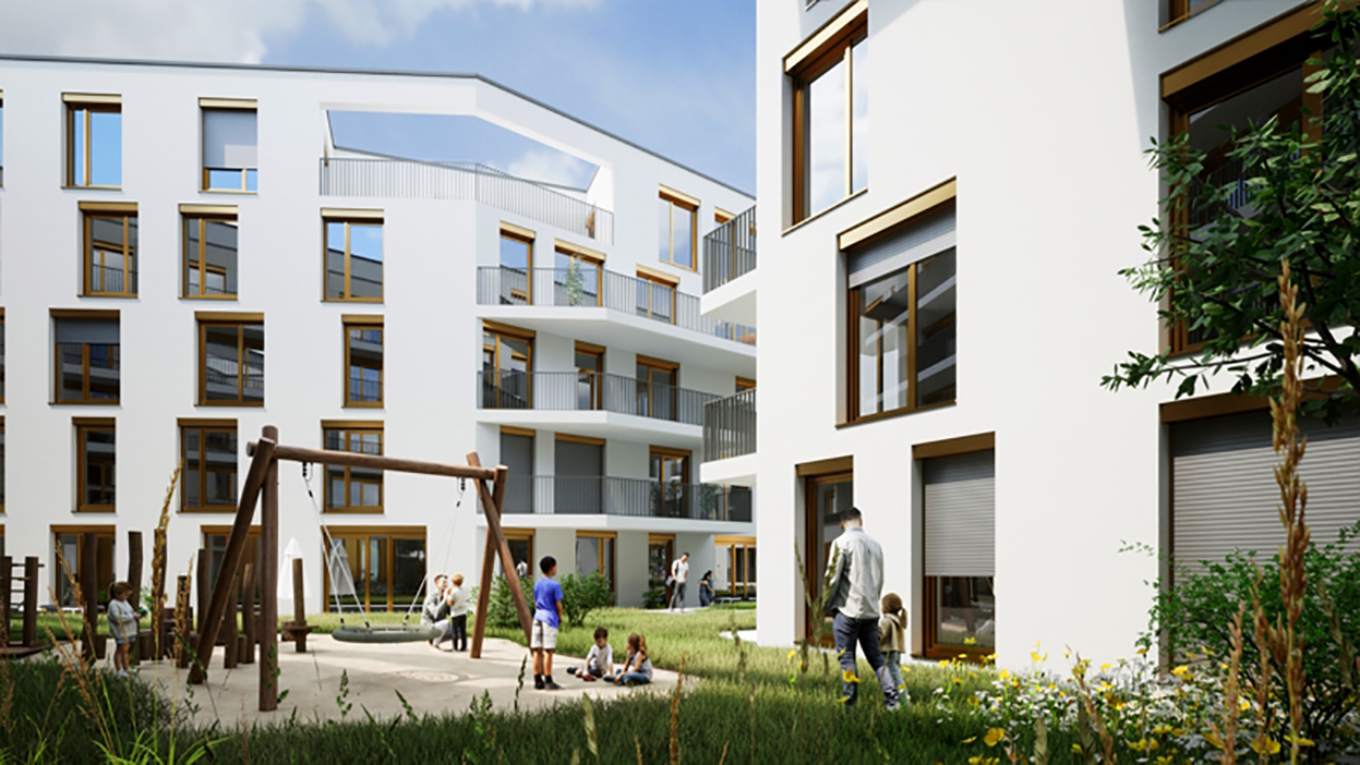 Zu sehen in der Visualisierung ist das Projekt CITY CARRÉ mit Blick vom Hof aus auf den Spielplatz und die anderen Gebäude des Projekts.