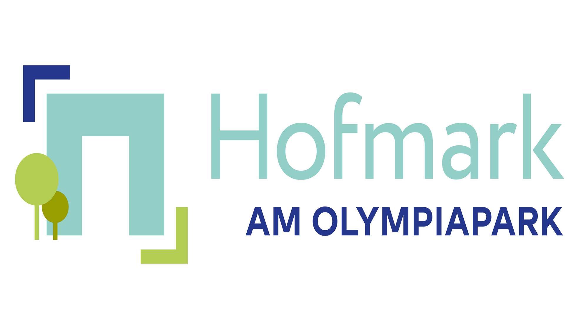 The logo of the Hofmark am Olympiapark quarter can be seen with 2 letterings on the left and a picture consisting of a house and 2 trees on the right.