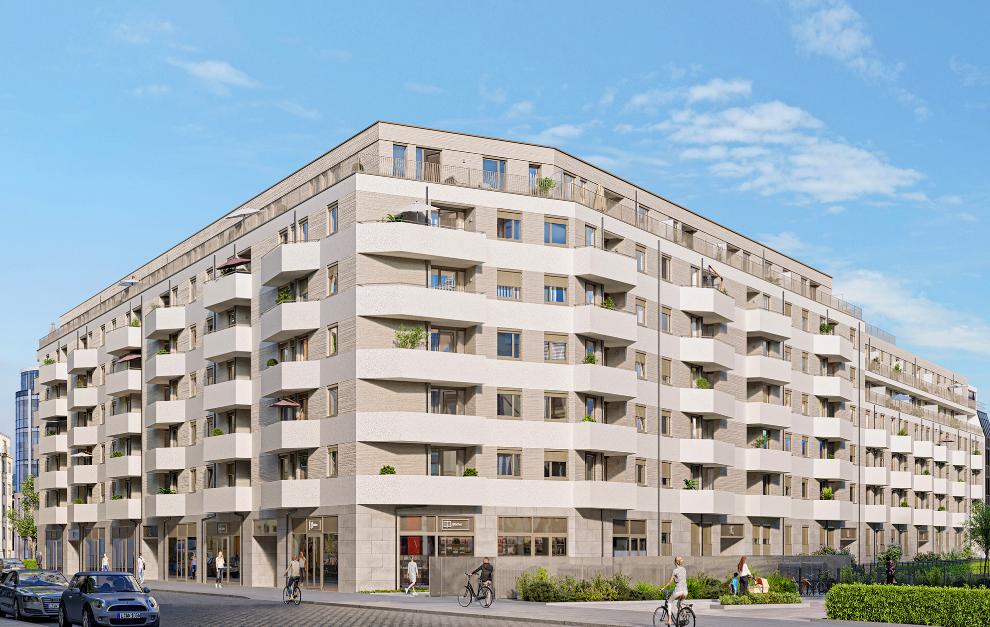 Eine Visualisierung des Quartiers ATRIO in Leipzig aus der Straßenansicht