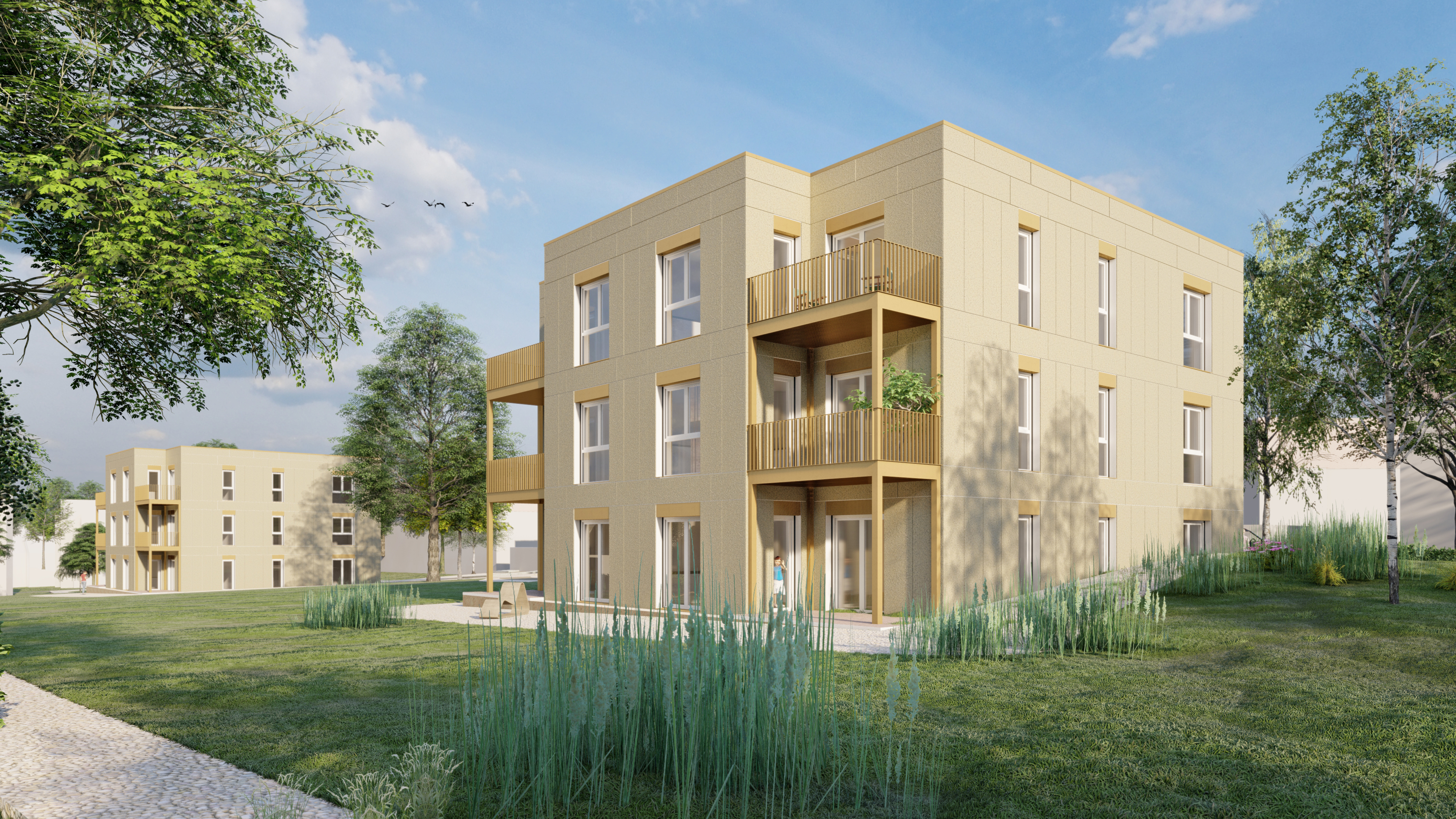 Visualization of the Bärendorfer-Bögen project in Bochum. With a view of the project buildings from the street.