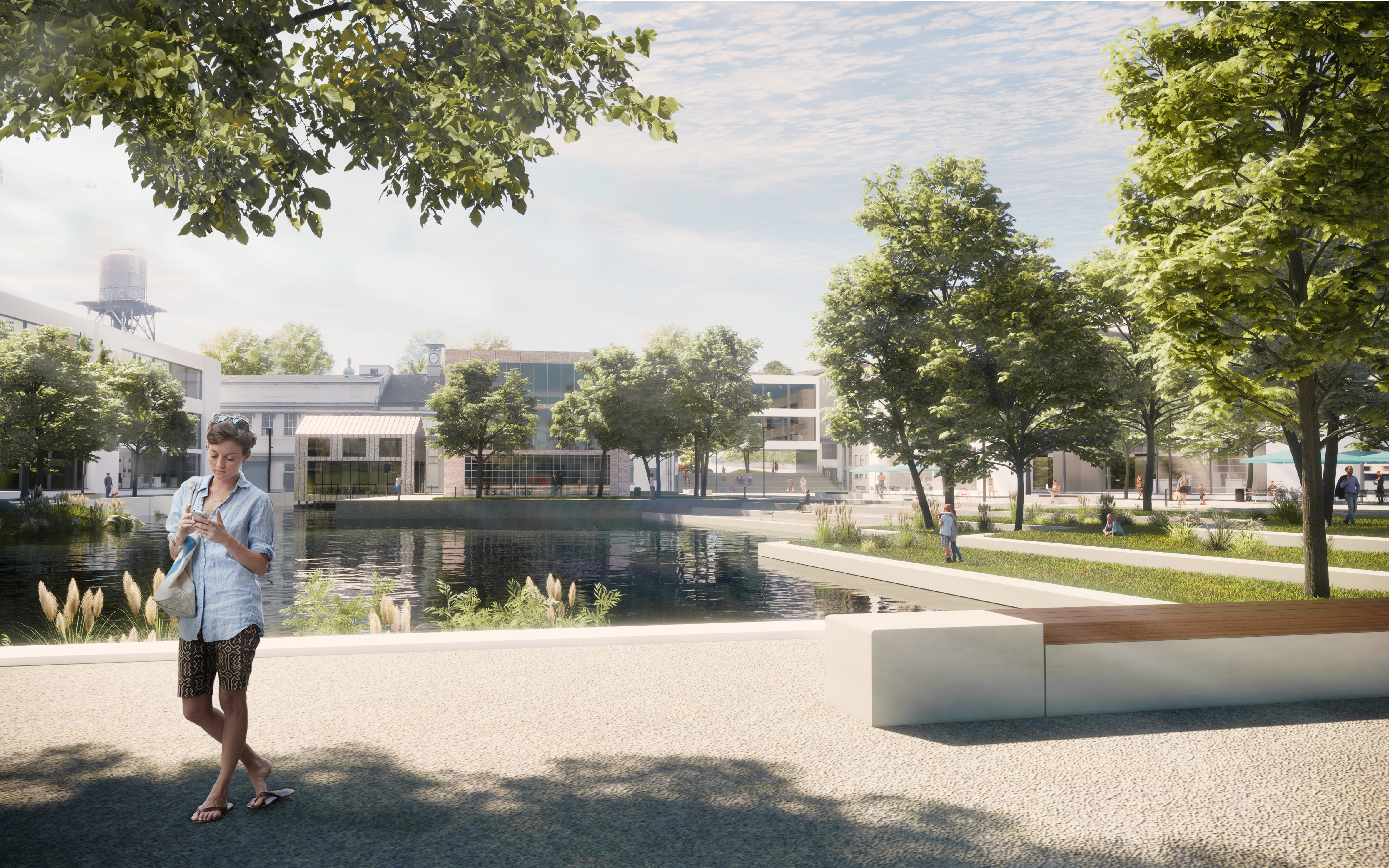 Visualization of the Papierfabrik Dachau quarter with green spaces, benches, water, houses and people