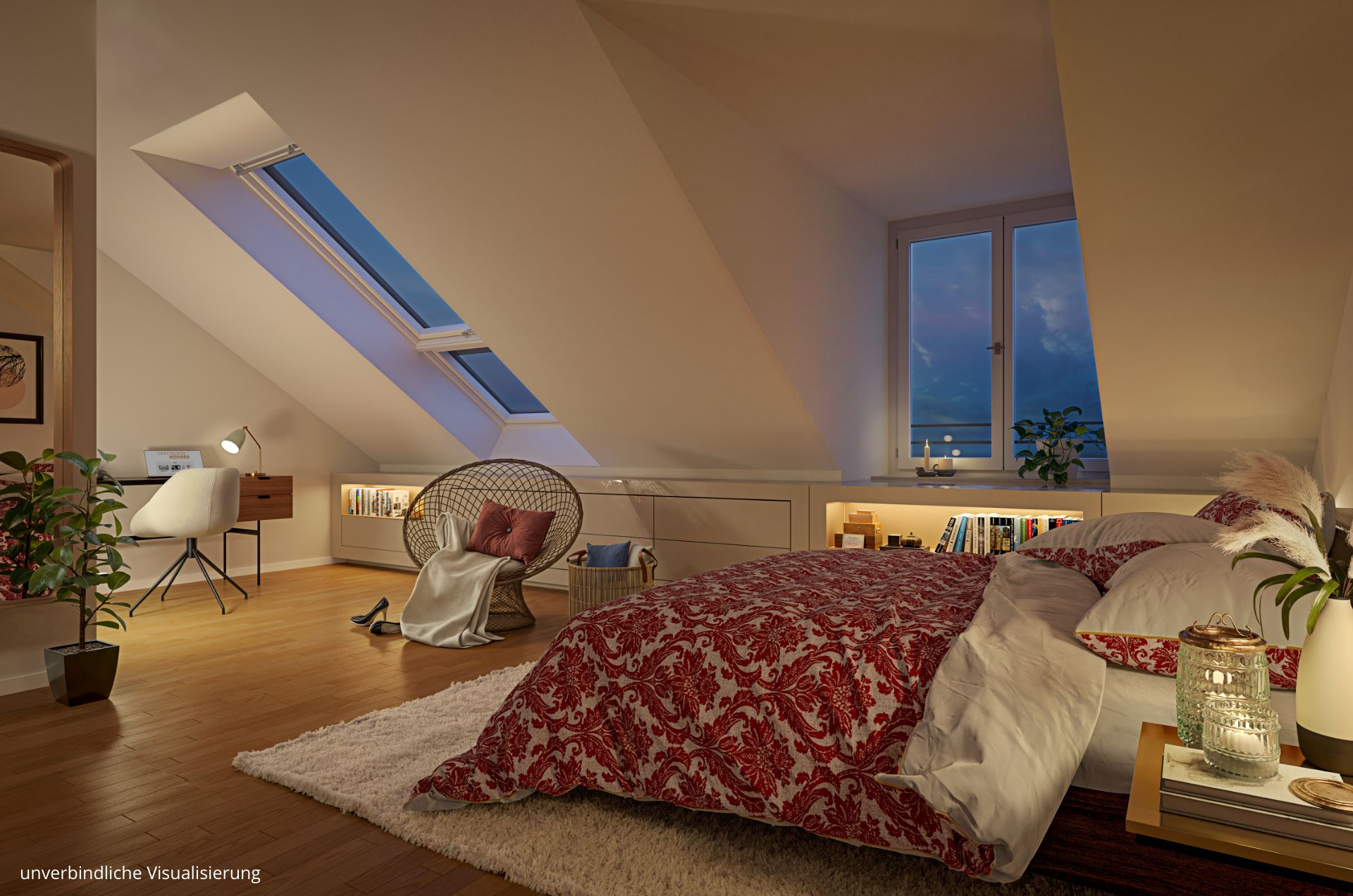 Zu sehen ist ein Zimmer mit einem großen Bett, einem Schreibtisch und Fenstern.