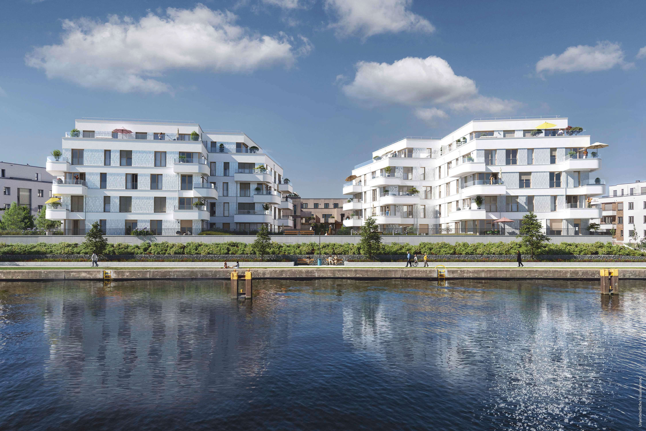 Visualisierung des Neubauprojekts BUWOG Dahmeglanz in Berlin mit Blick von der Wasserseite