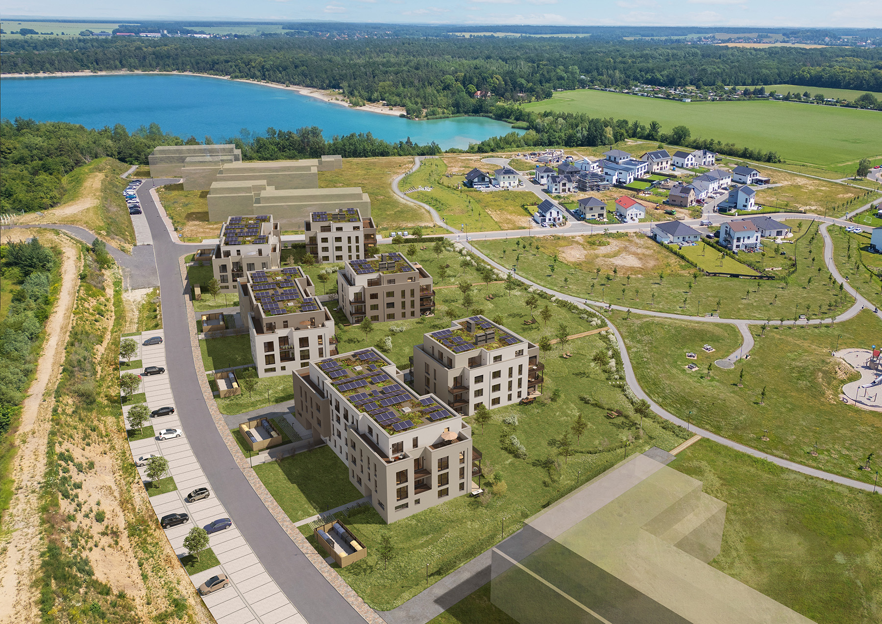 Visualisierung des Neubauprojekts BUWOG Floragärten in Naunhof aus der Vogelperspektive mit Blick auf den See