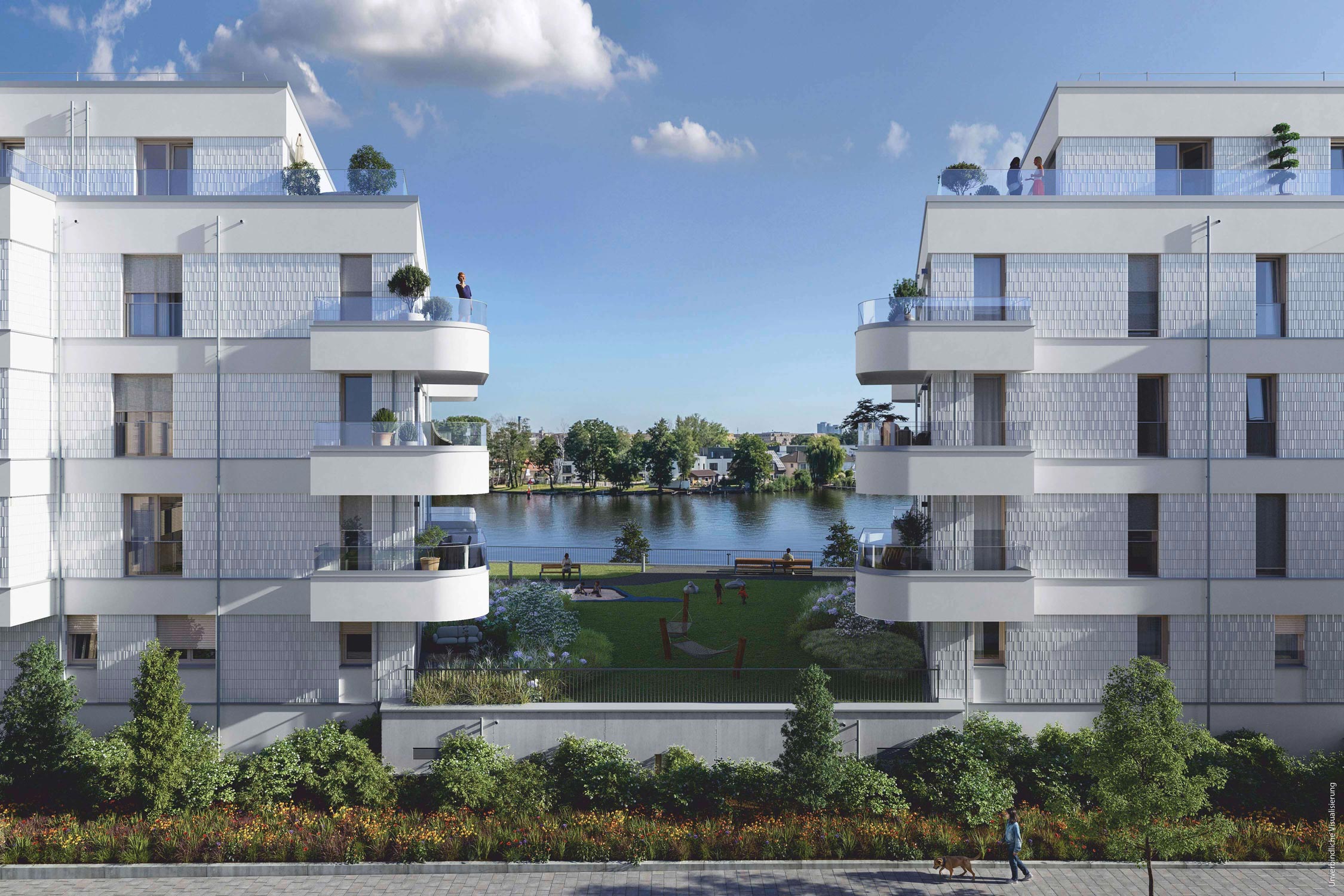 Visualisierung des Neubauprojekts BUWOG Dahmeglanz in Berlin mit Blick von der Straße