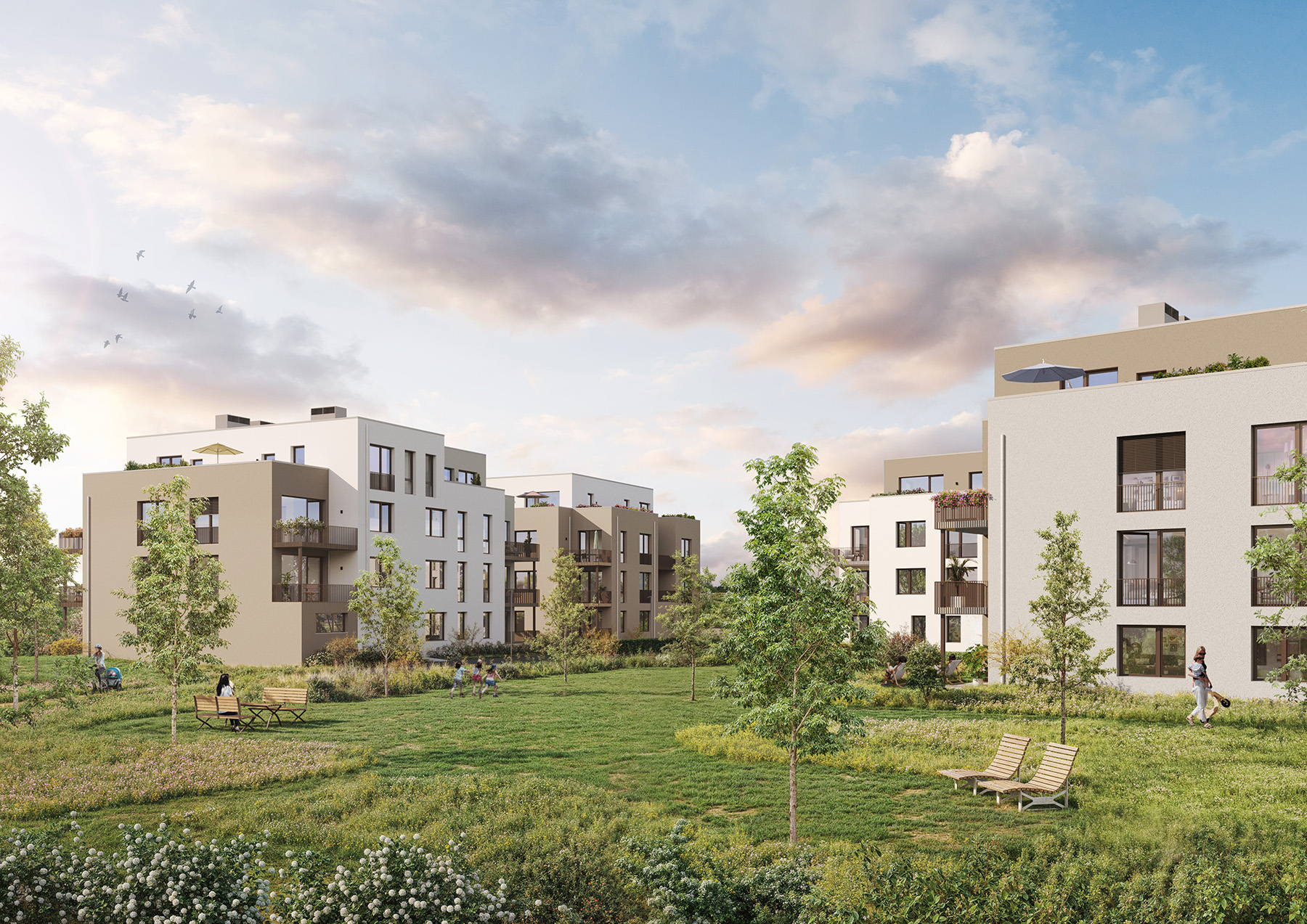 Visualisierung des Neubauprojekts BUWOG Floragärten in Naunhof mit Blick auf den Hinterhof