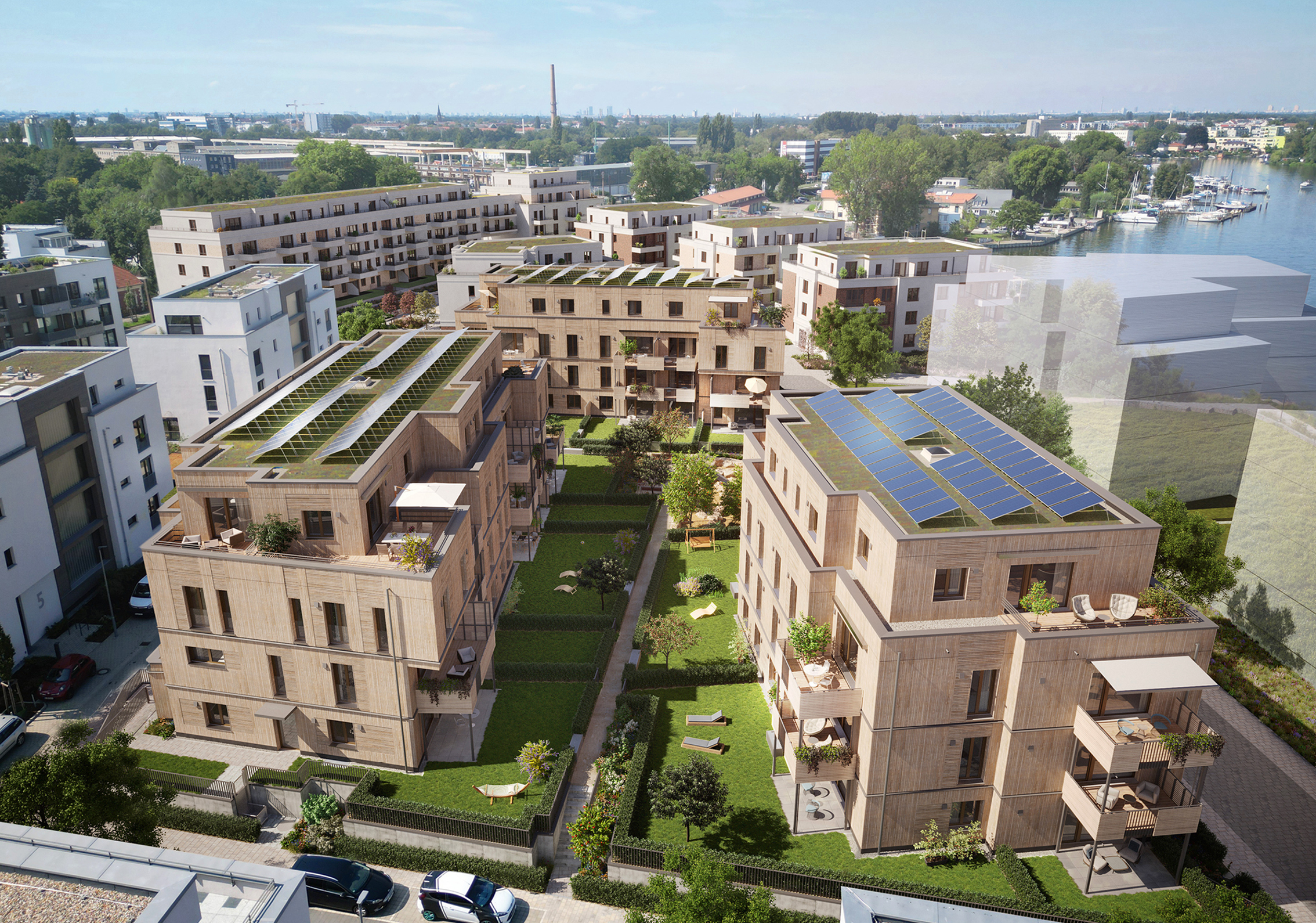Neubauprojekt BUWOG DECK 3 in Berlin. Visualisierung als Luftbild vom Deck3