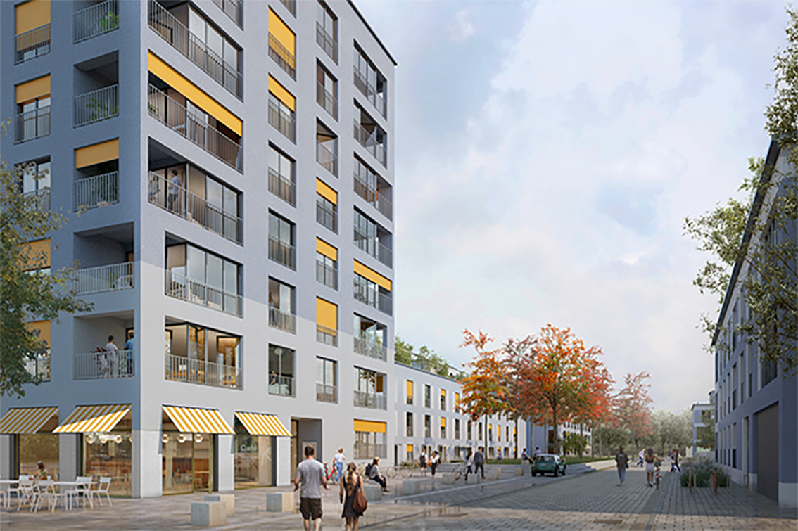 Zu sehen in der Visualisierung des Projekts THERMENGARTEN ERDING mit Blick von der Straße sind mehrere Gebäude, eine Straße, sowie ein Geschäft in einem der Gebäude links.