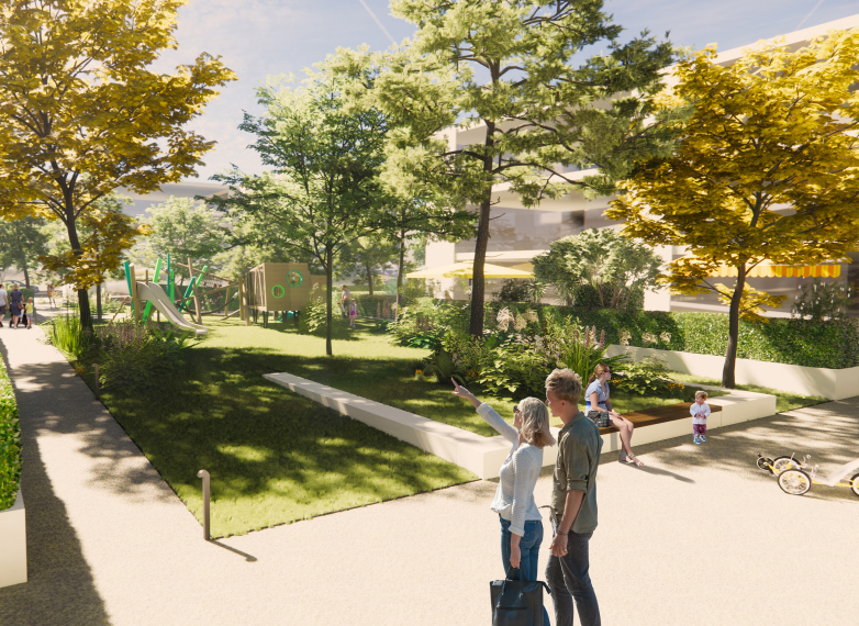 The visualisation shows the MÜHLBACHVIERTEL quarter with a view of the courtyard or garden with green spaces, benches, a playground and a building in the district on the right.