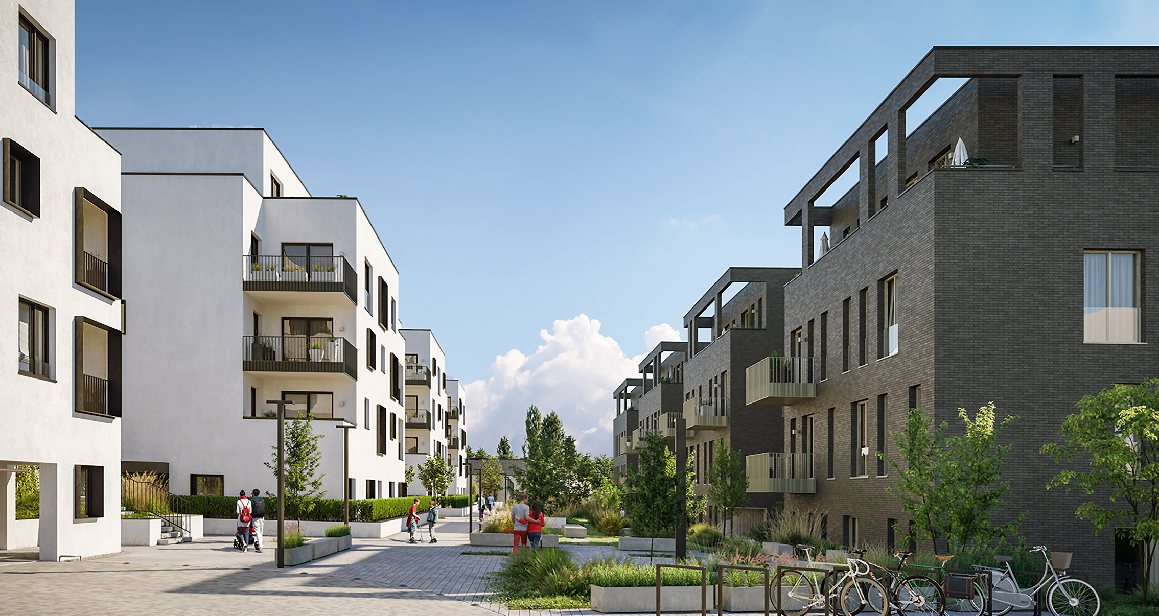 The visualisation shows part of the buildings in the ZUCKERLE-QUARTIER with greenery, people and bicycle stands.