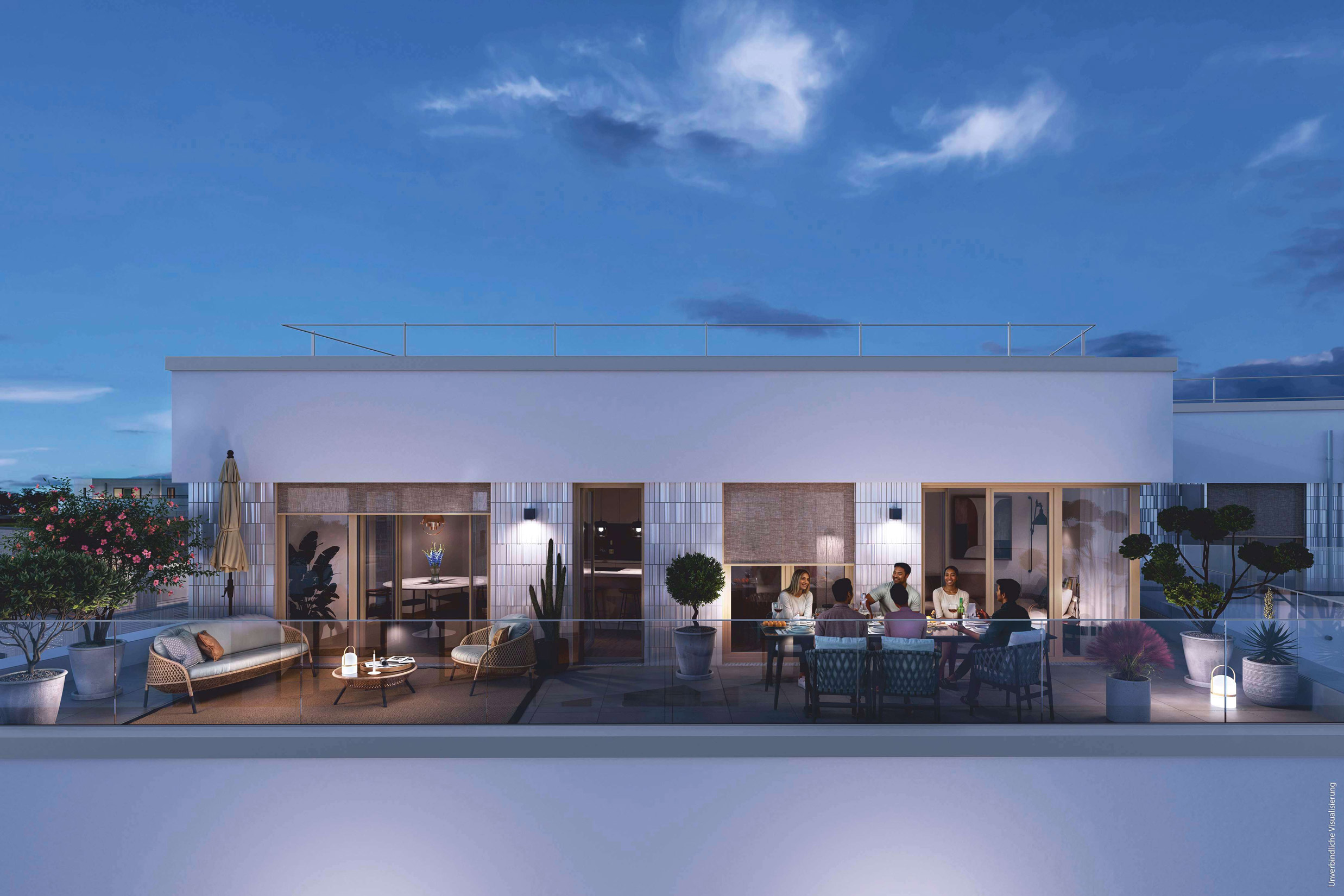 Visualisierung des Neubauprojekts BUWOG Dahmeglanz in Berlin mit Blick auf eine Dachterrasse