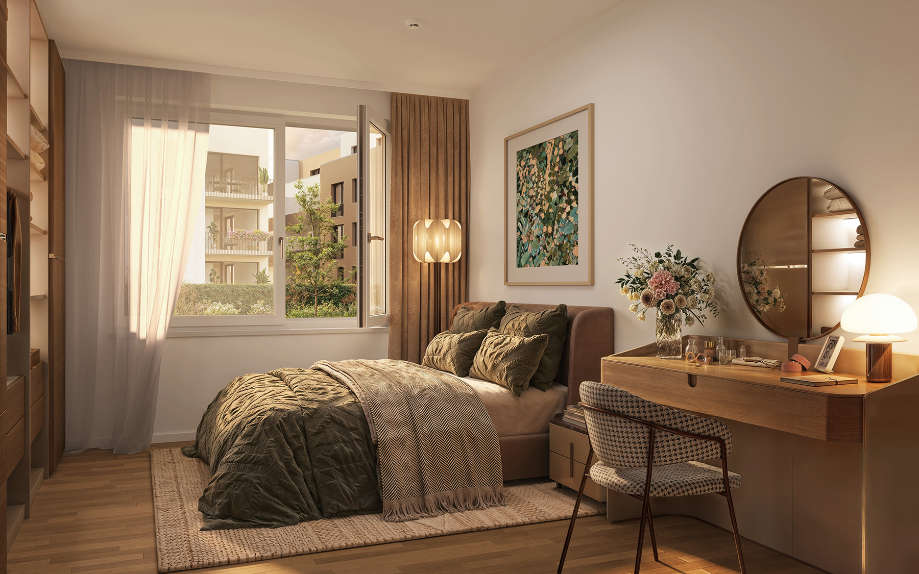 Visualisierung des Neubauprojekts BUWOG Floragärten mit Blick in das Schlafzimmer