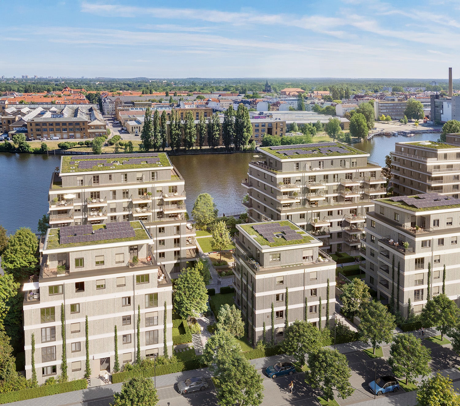 Visualisierung des Neubauprojekts BUWOG Spreewinkel aus der Vogelperspektive