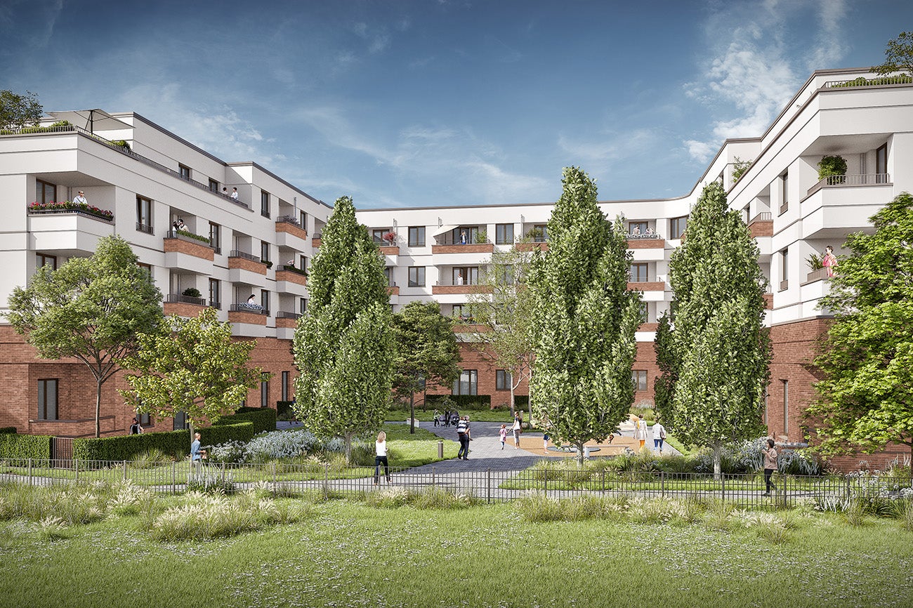 Visualisierung des BUWOG-Neubauprojekts in Elstal mit Blick in den begrünten Innenhof