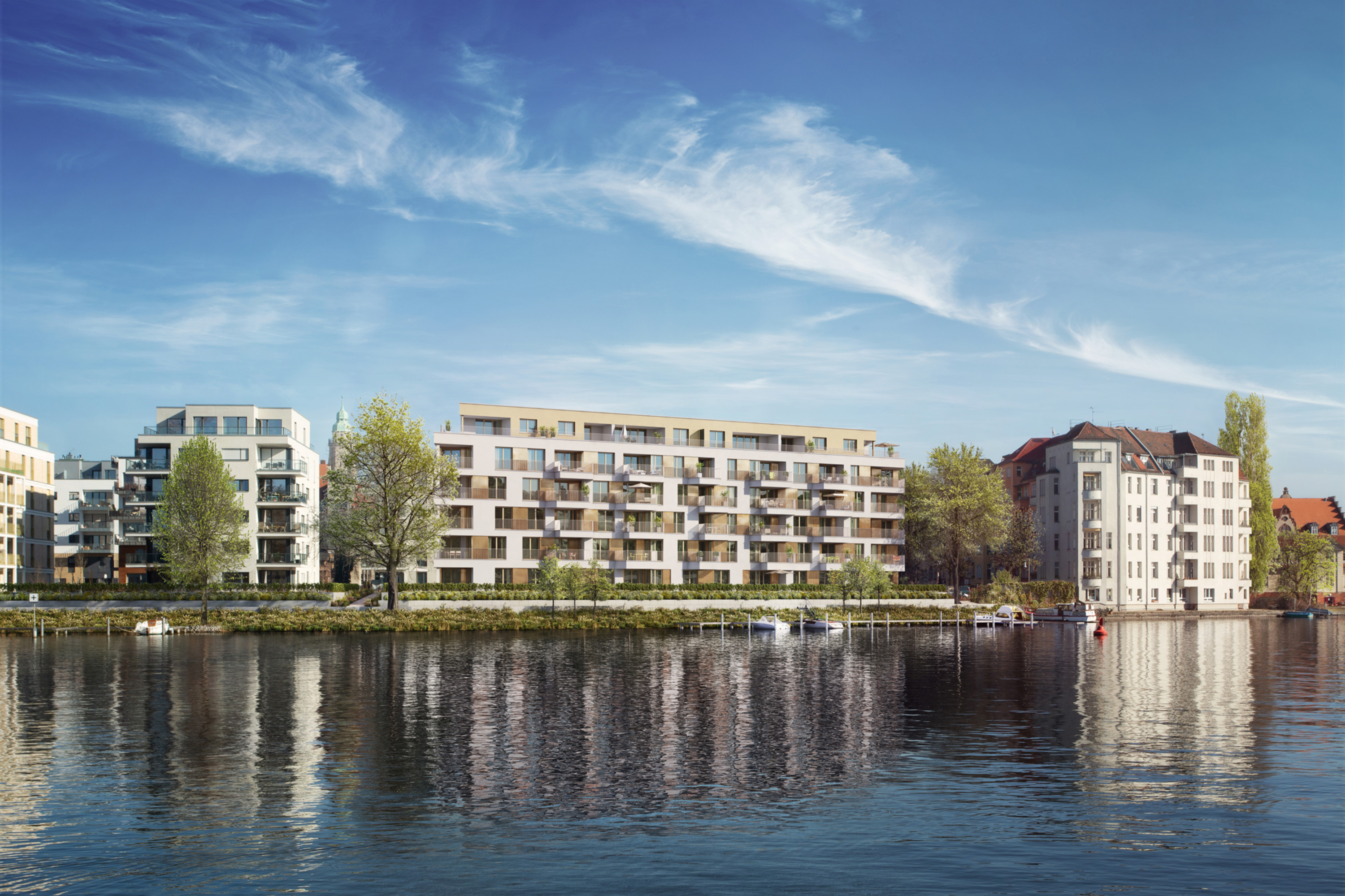Visualization of the new building Uferkrone Suno on the banks of the river Spree
