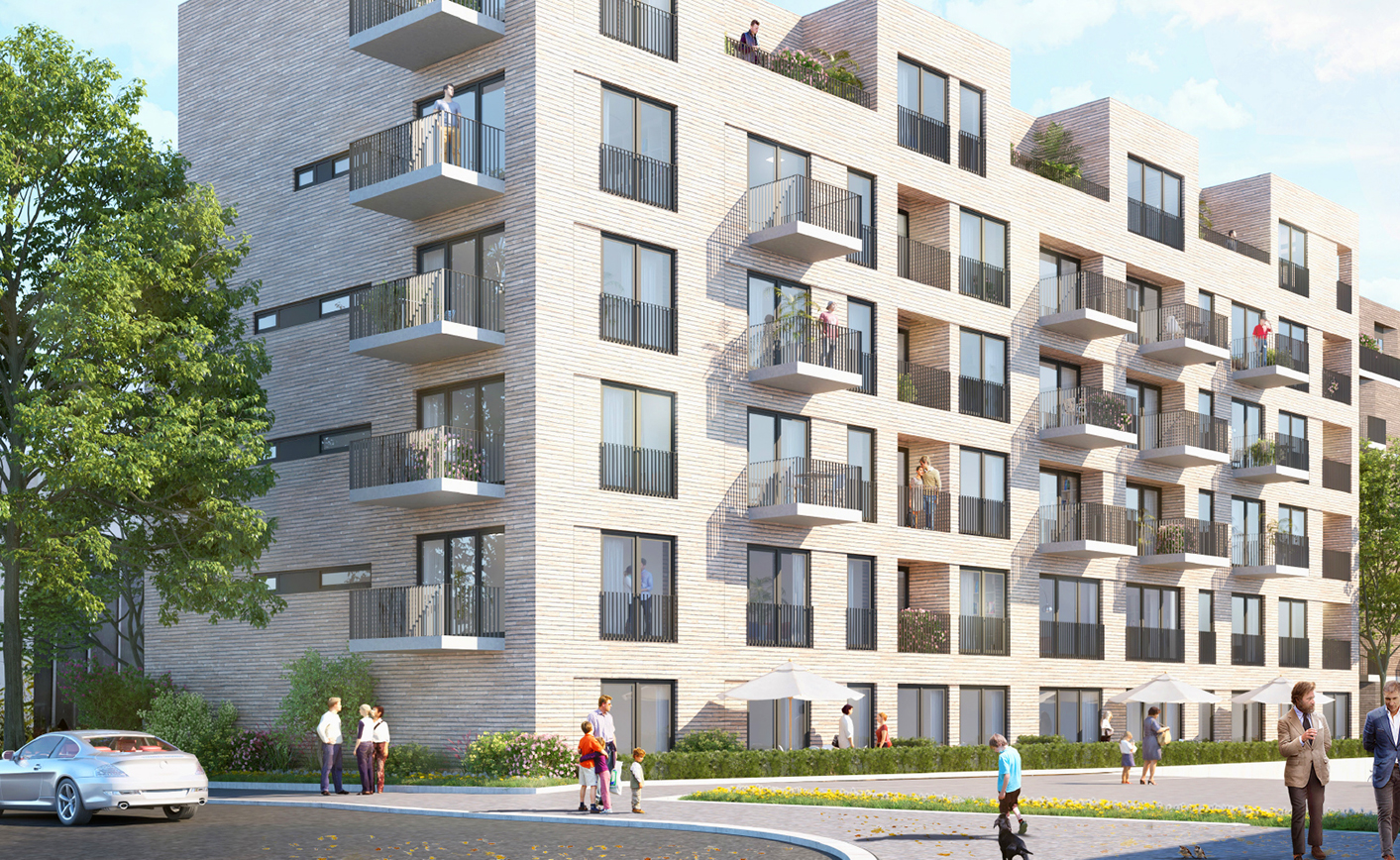 A visualisation of a white building in the Rosenstein Mitte quarter with a close-up view from the street of car parks, people and green spaces, as well as balconies and the façade of the building.