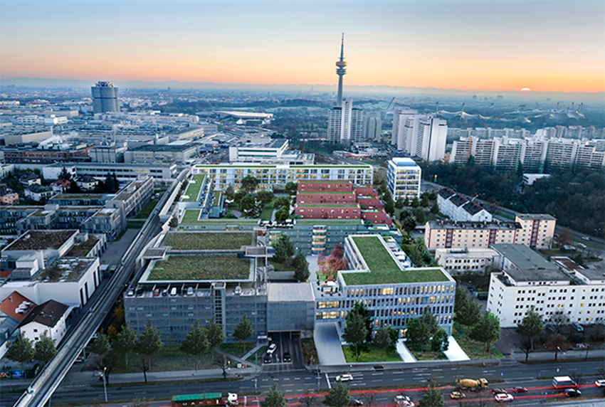 In the drone shot, which was taken further away, you can see the quartier Hofmark am Olympiapark, as well as many other buildings in Munich.