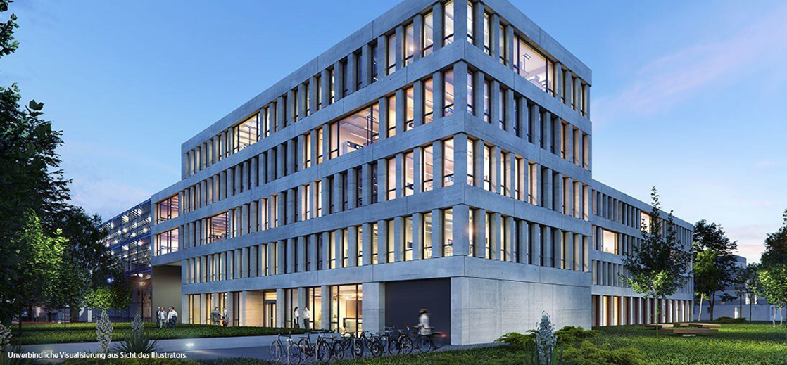 Several buildings can be seen in the visualisation of the quarter's Hofmark am Olympiapark in the evening with bicycle stands, green spaces and trees.