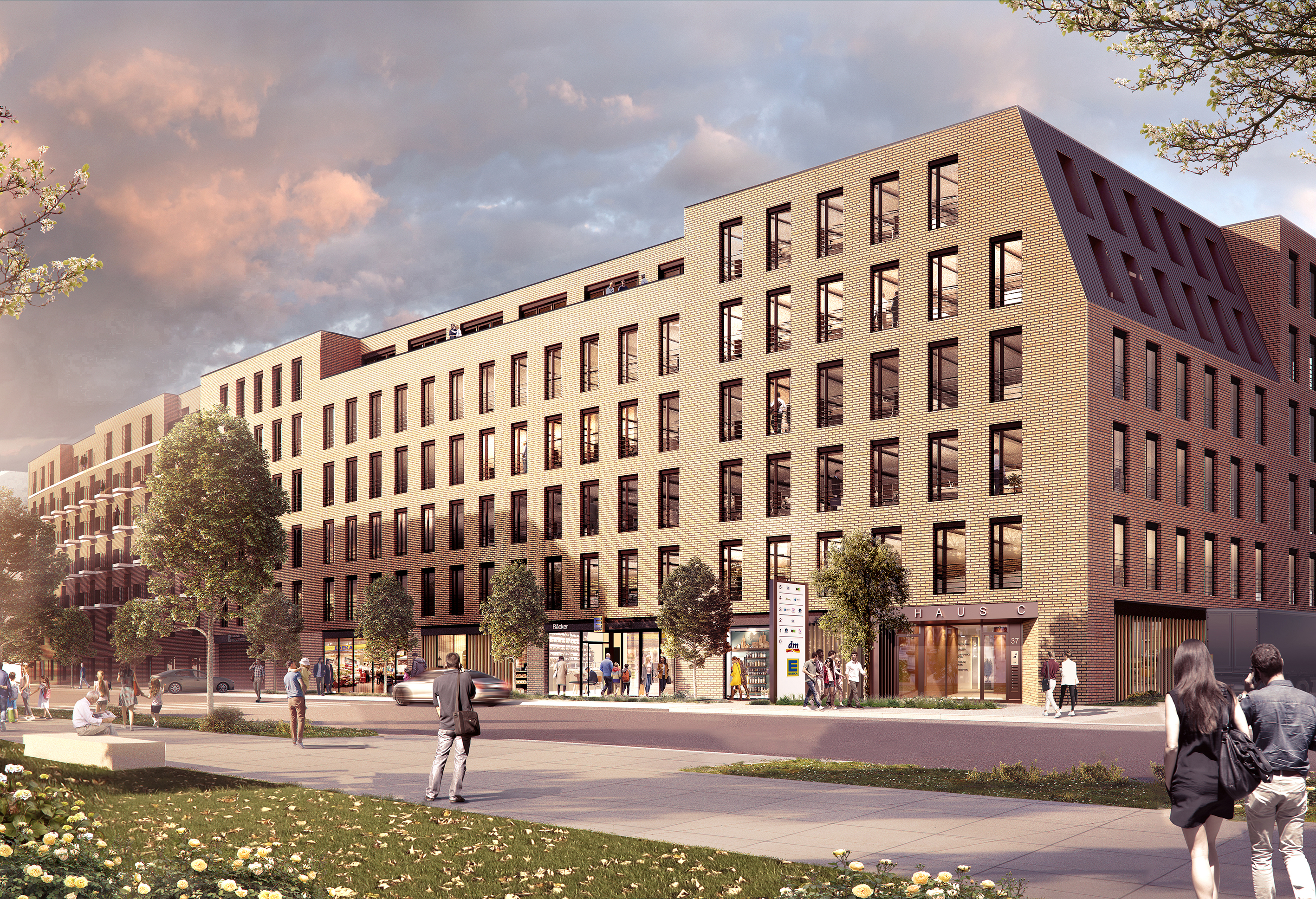 You can see a visualisation of a beige-coloured building in the Rosenstein Mitte quarter with a view from the street of people and green spaces, as well as shops such as DM on the ground floor.