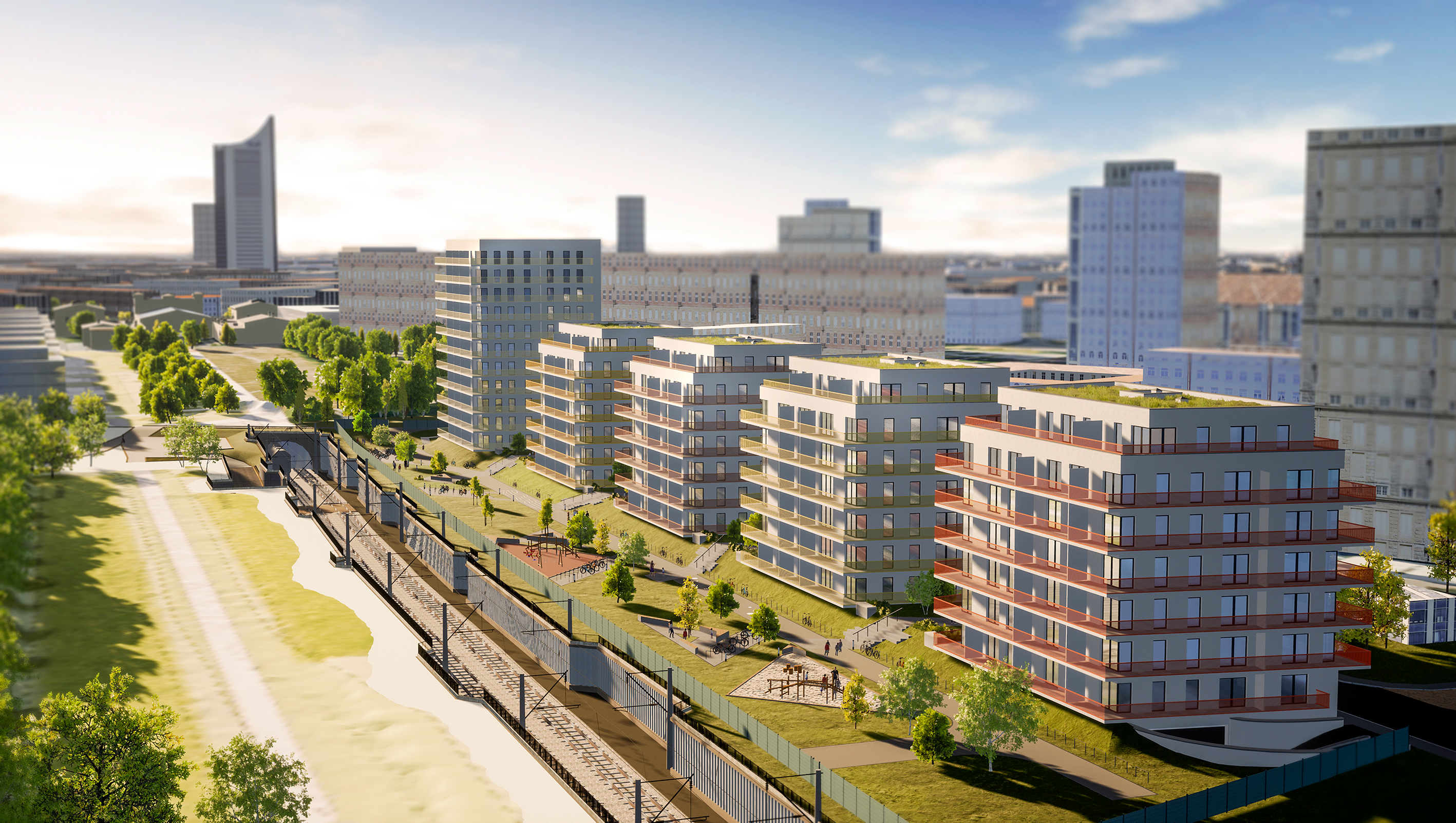 Visualization of the new BUWOG building on Dösner Weg in Leipzig from a bird's eye view